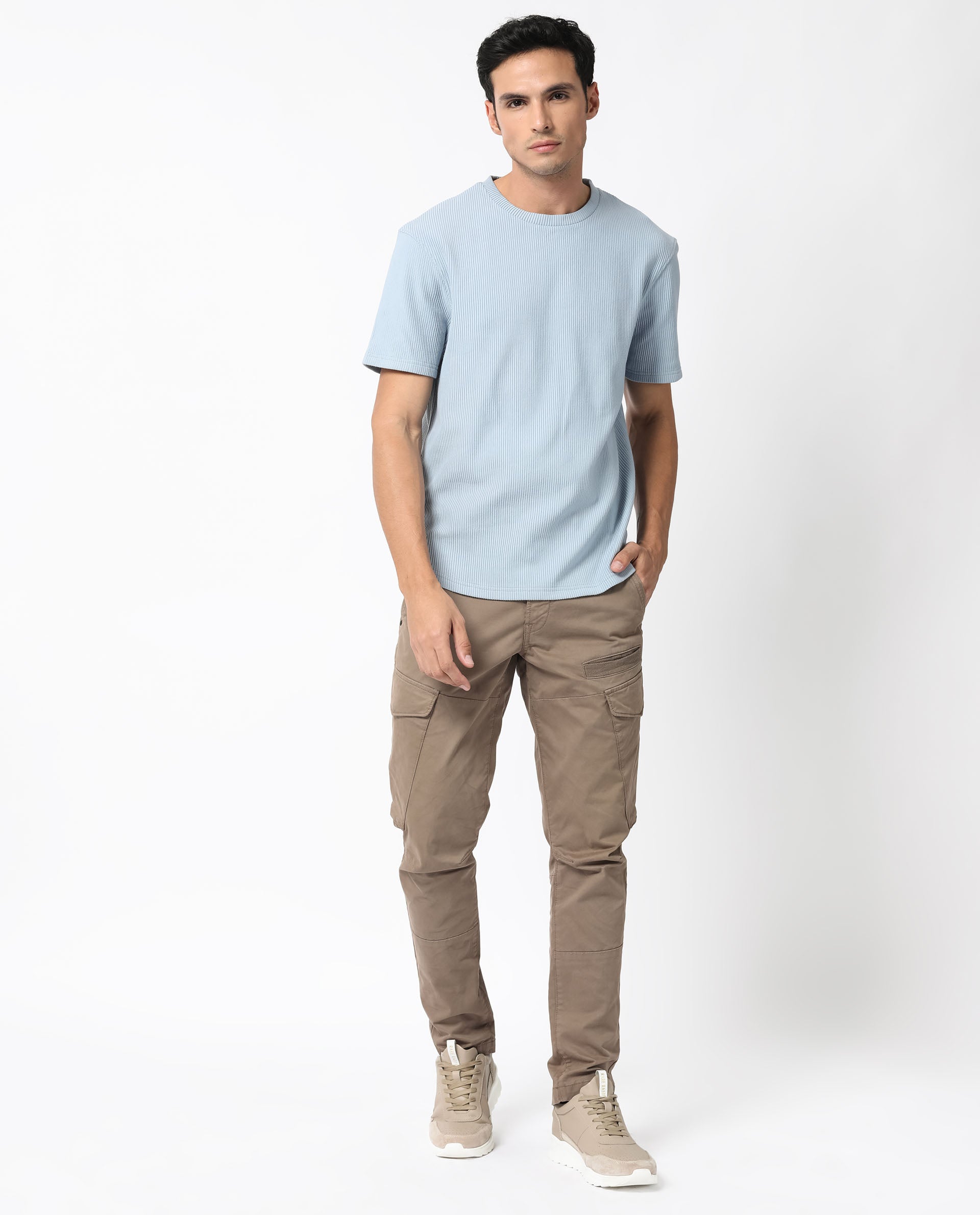 Rare Rabbit Men's Bree Dusky Blue Crew Neck Ottoman Textured Drop Shoulder Half Sleeves Oversized Fit T-Shirt