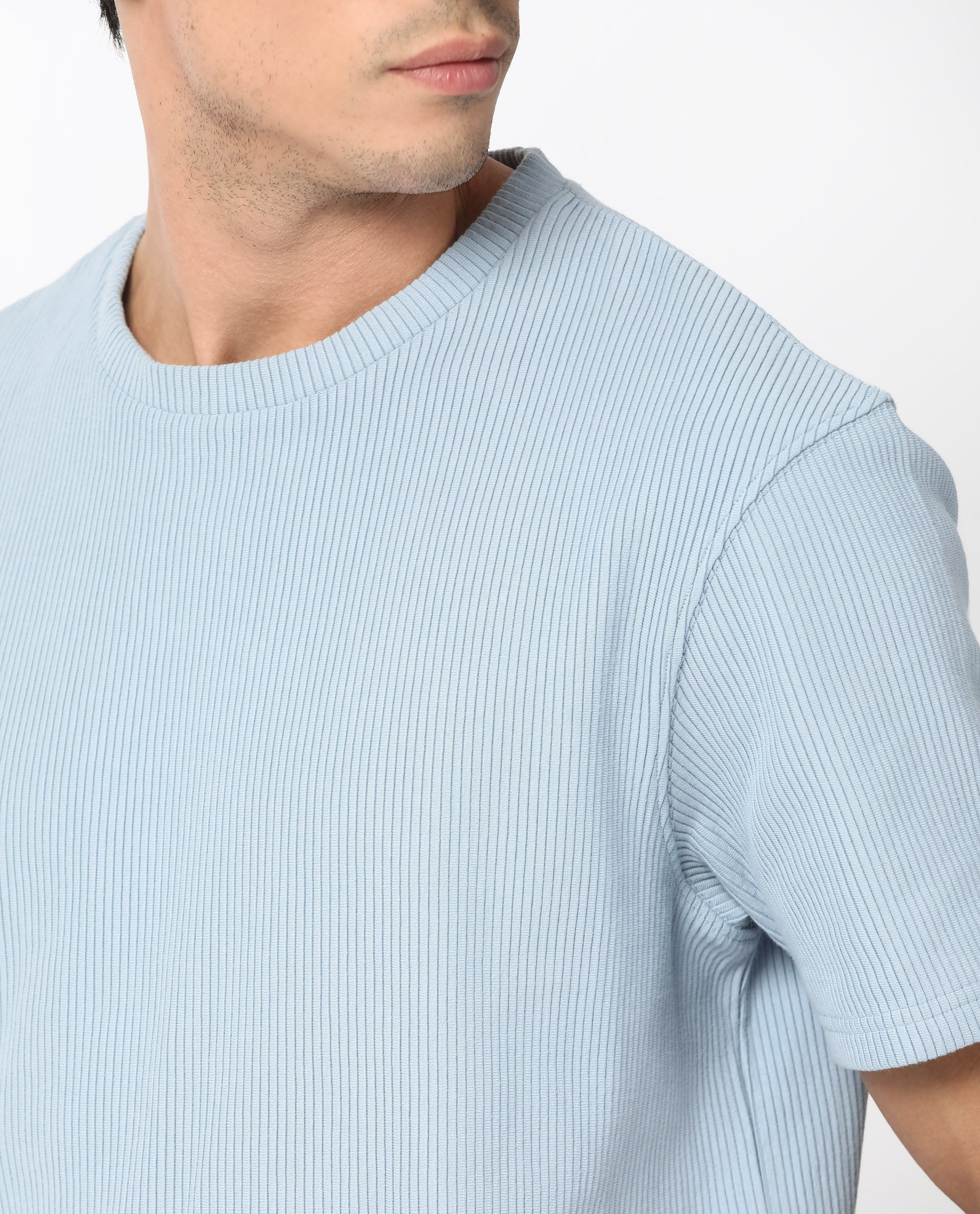 Rare Rabbit Men's Bree Dusky Blue Crew Neck Ottoman Textured Drop Shoulder Half Sleeves Oversized Fit T-Shirt