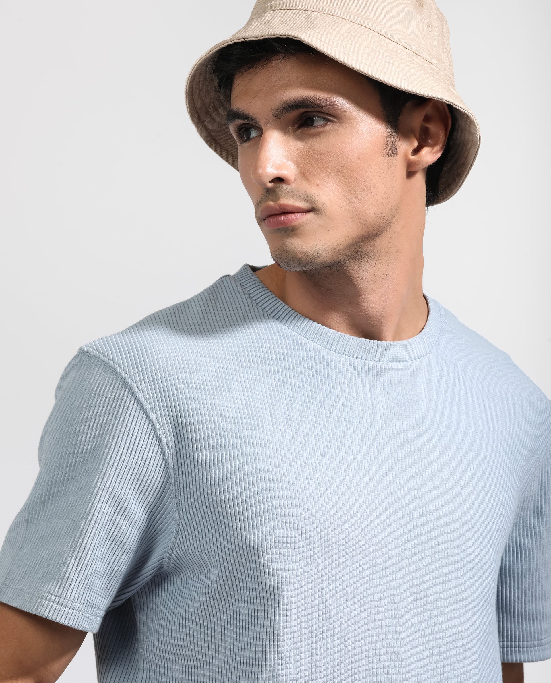 Rare Rabbit Men's Bree Dusky Blue Crew Neck Ottoman Textured Drop Shoulder Half Sleeves Oversized Fit T-Shirt