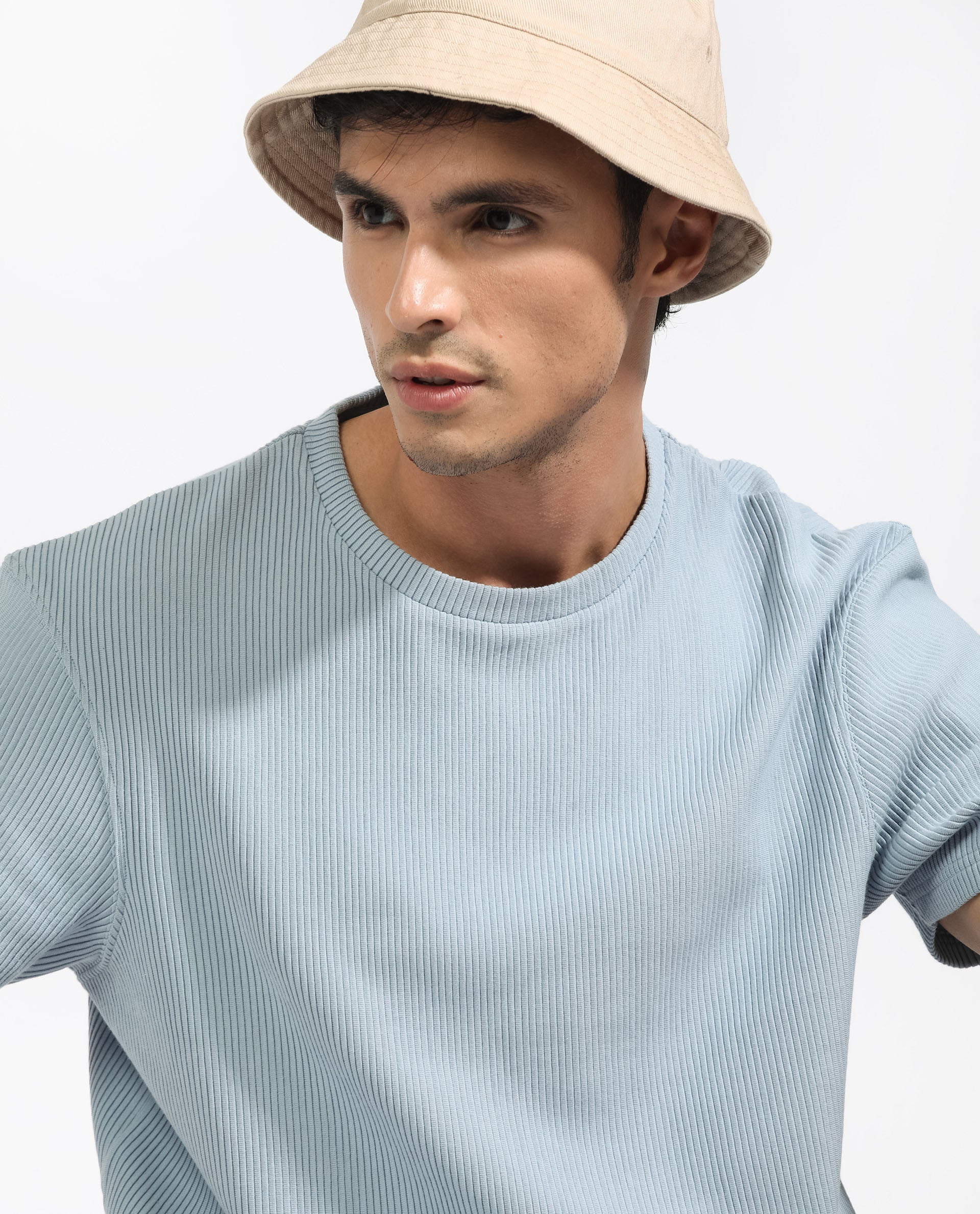 Rare Rabbit Men's Bree Dusky Blue Crew Neck Ottoman Textured Drop Shoulder Half Sleeves Oversized Fit T-Shirt