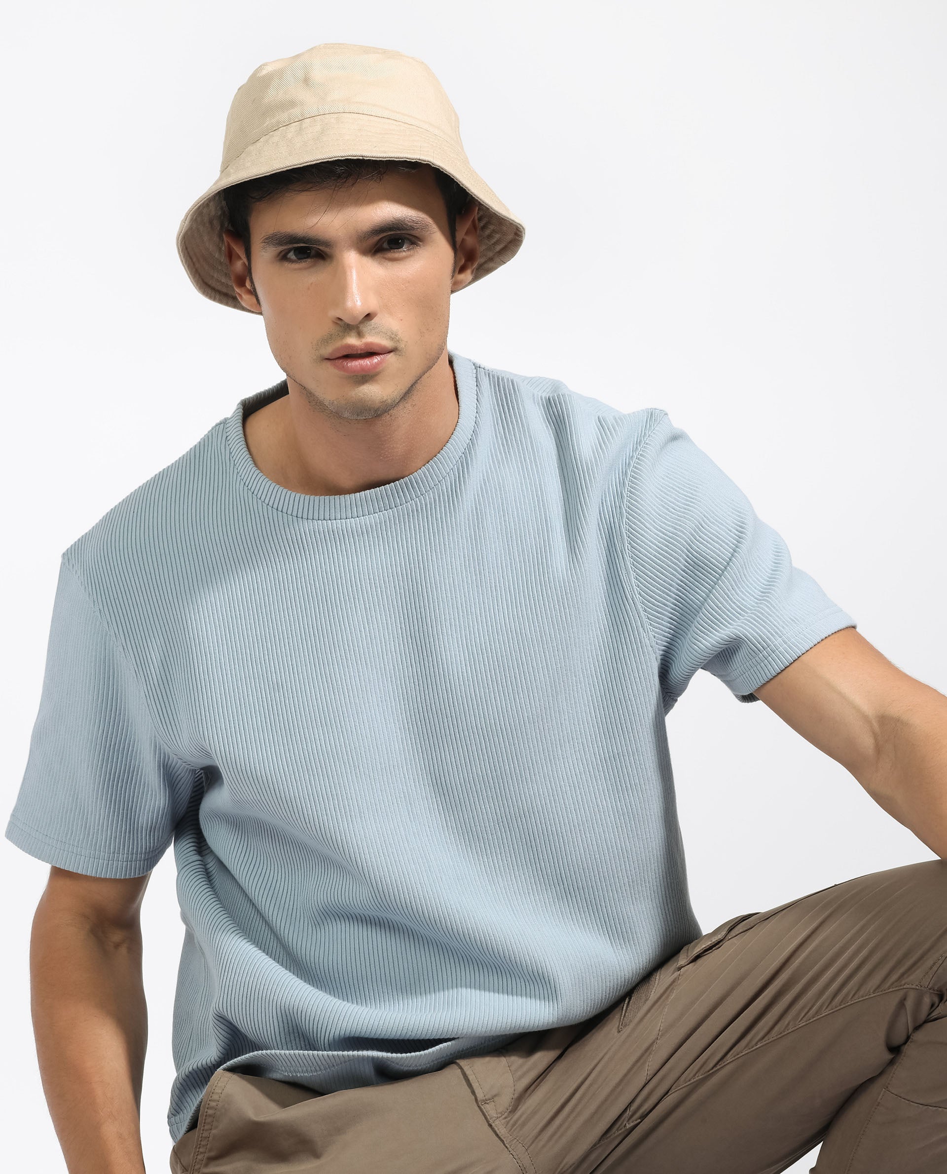 Rare Rabbit Men's Bree Dusky Blue Crew Neck Ottoman Textured Drop Shoulder Half Sleeves Oversized Fit T-Shirt