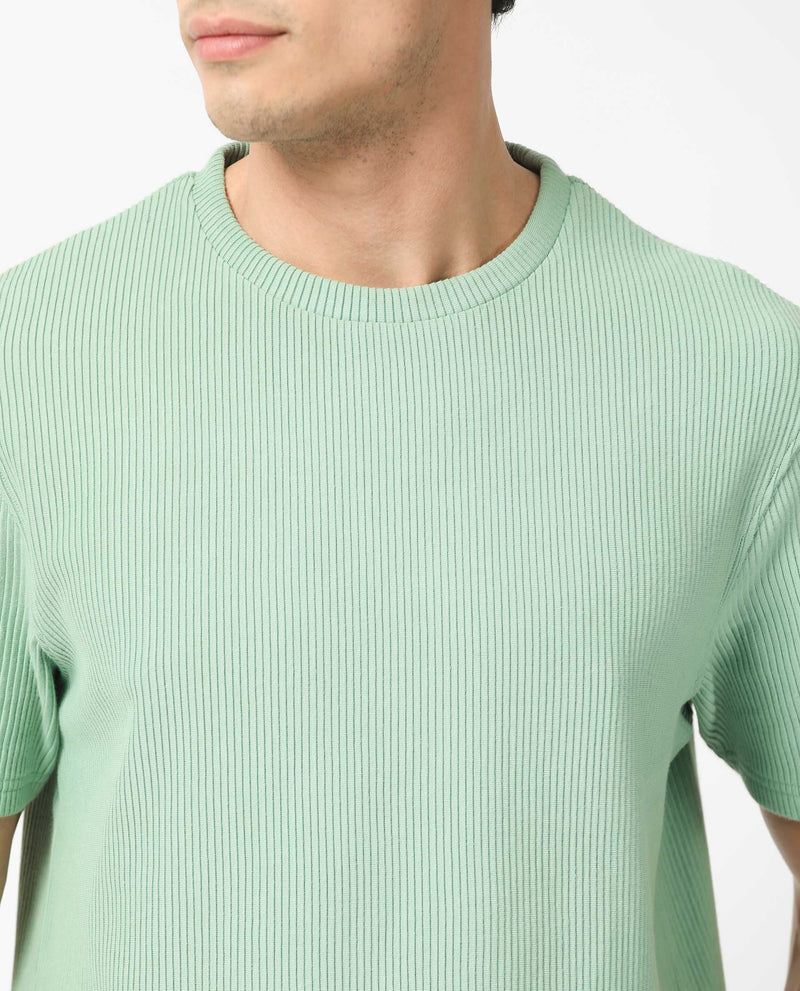 Rare Rabbit Men's Bree Dusky Green Crew Neck Ottoman Textured Drop Shoulder Half Sleeves T-Shirt