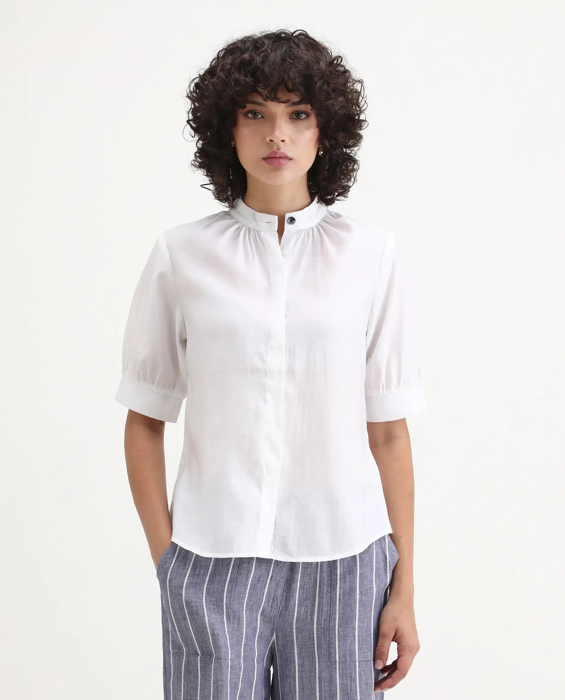 Rareism Women's Breen White Polyester Mandarin Collar Plain Bishop Sleeve Regular Fit Top