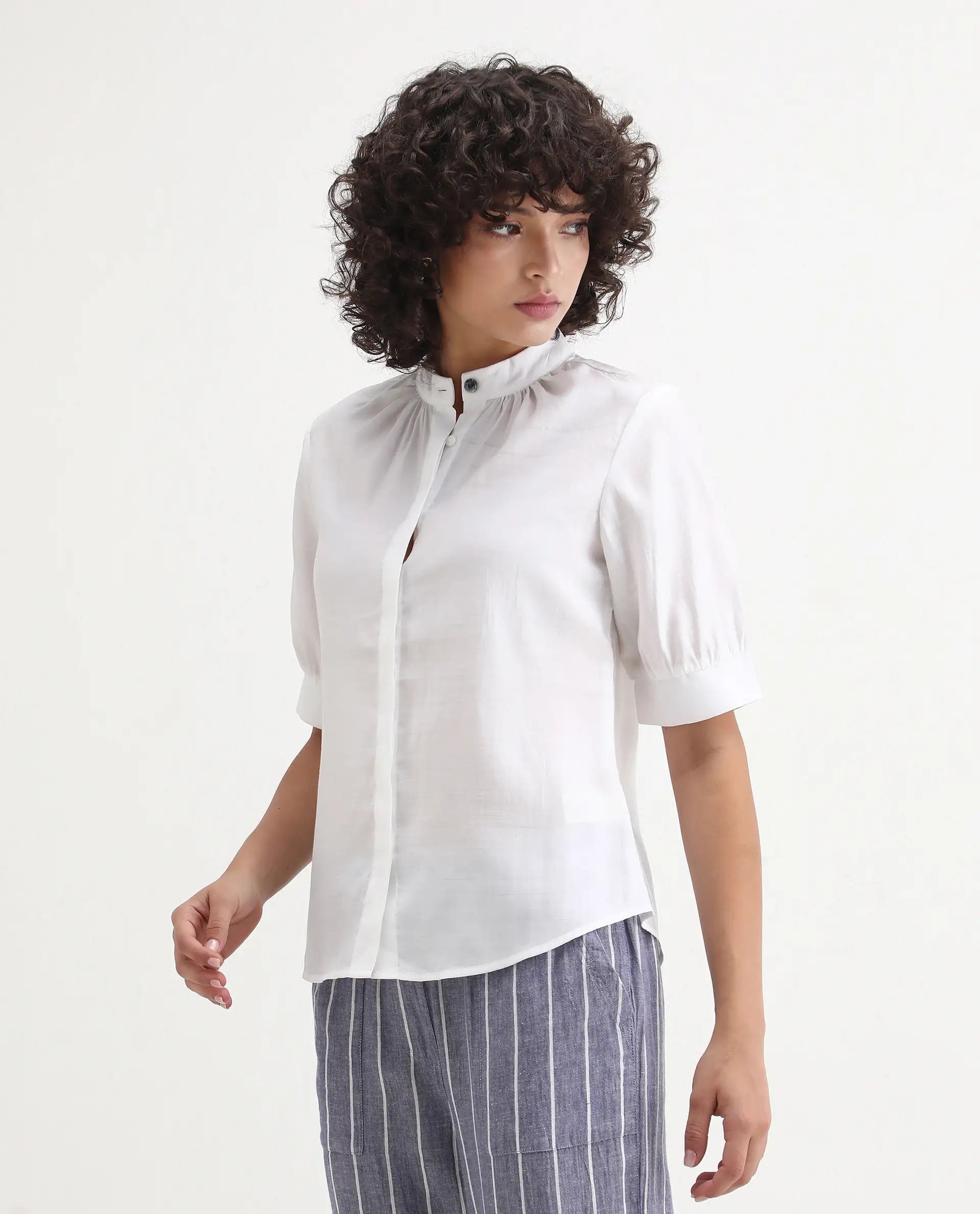 Rareism Women's Breen White Polyester Mandarin Collar Plain Bishop Sleeve Regular Fit Top