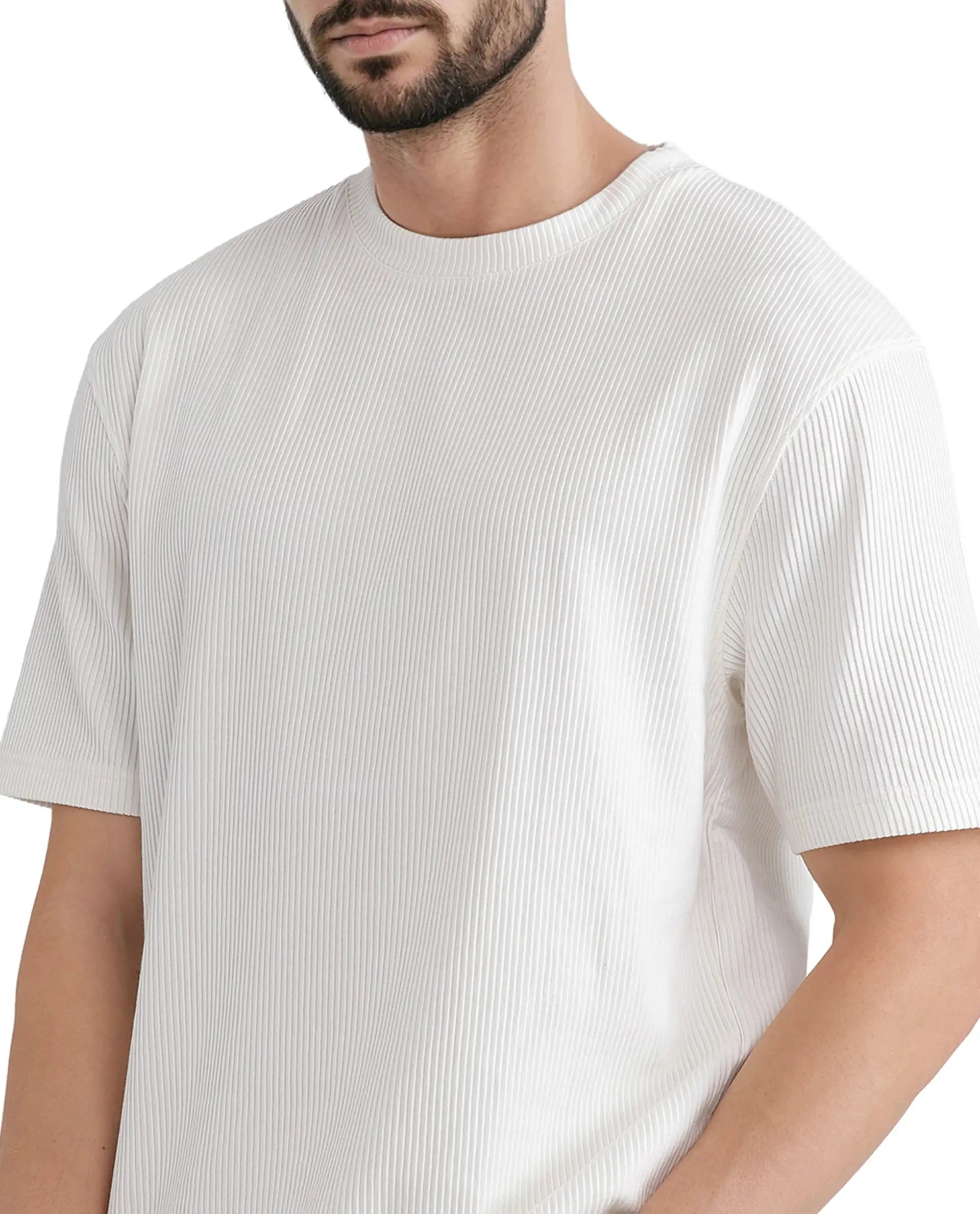 Rare Rabbit Men's Breet-1 White Cotton Blend Fabric Short Sleeve Crew Neck Oversized Fit Textured T-Shirt