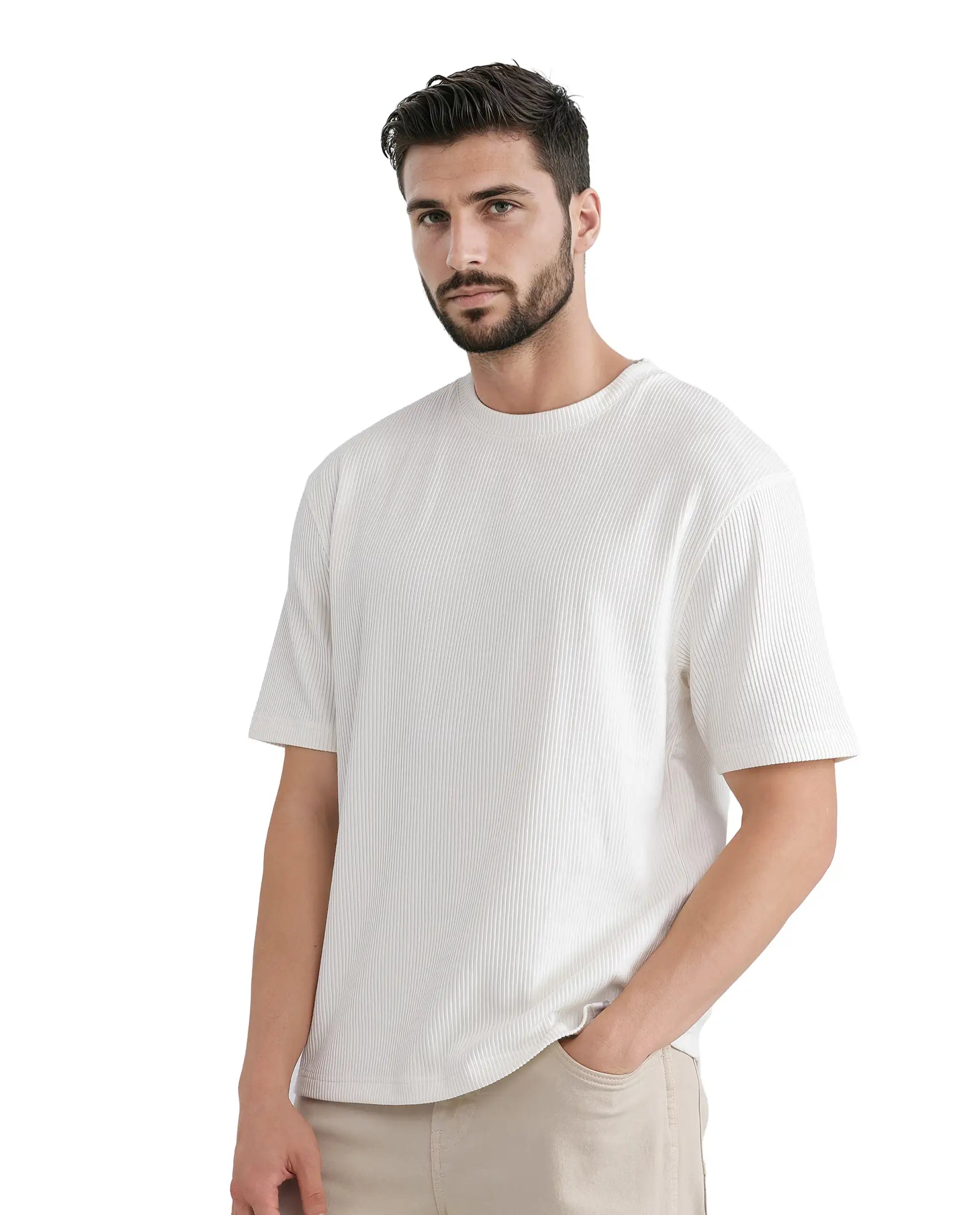 Rare Rabbit Men's Breet-1 White Cotton Blend Fabric Short Sleeve Crew Neck Oversized Fit Textured T-Shirt