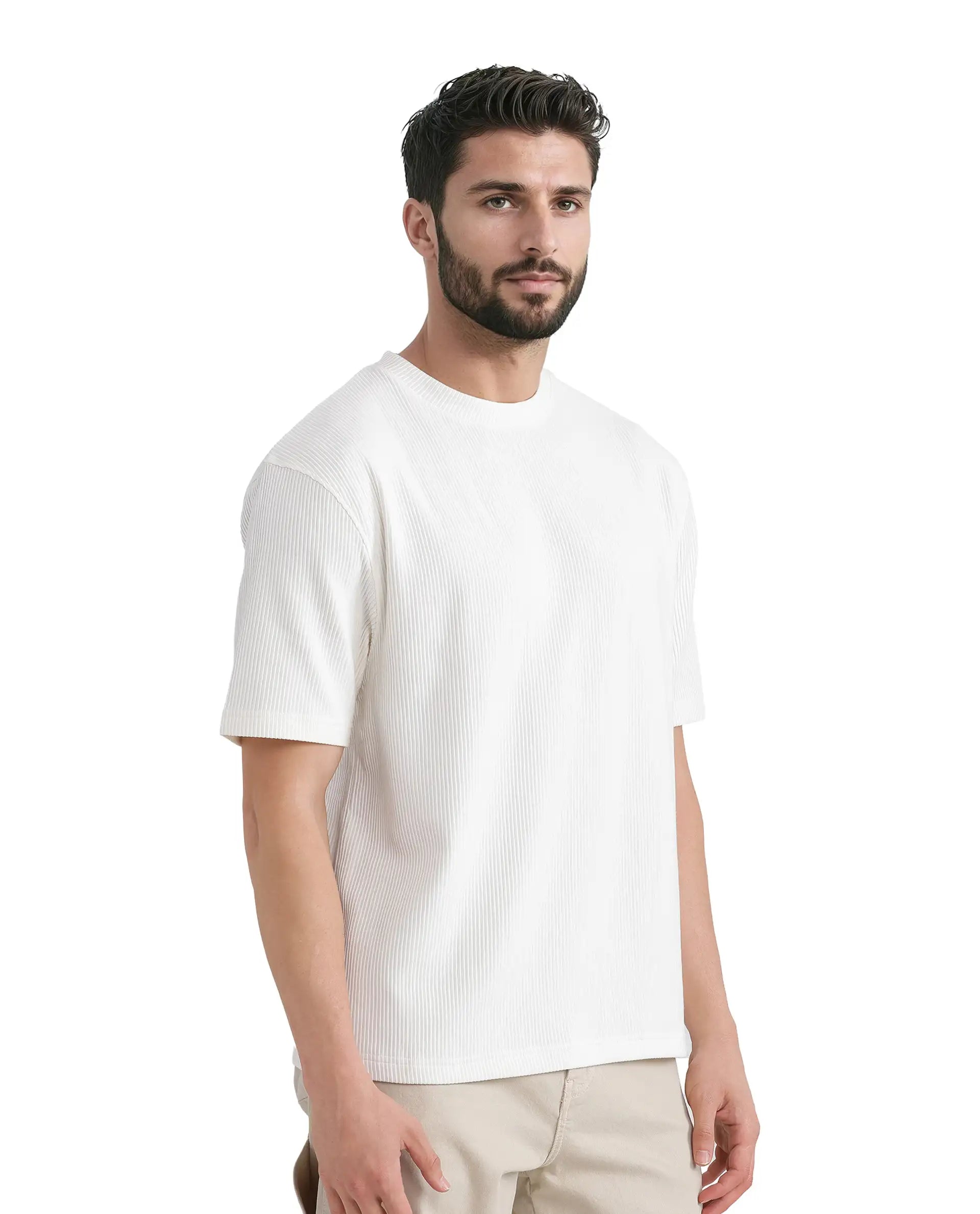 Rare Rabbit Men's Breet-1 White Cotton Blend Fabric Short Sleeve Crew Neck Oversized Fit Textured T-Shirt