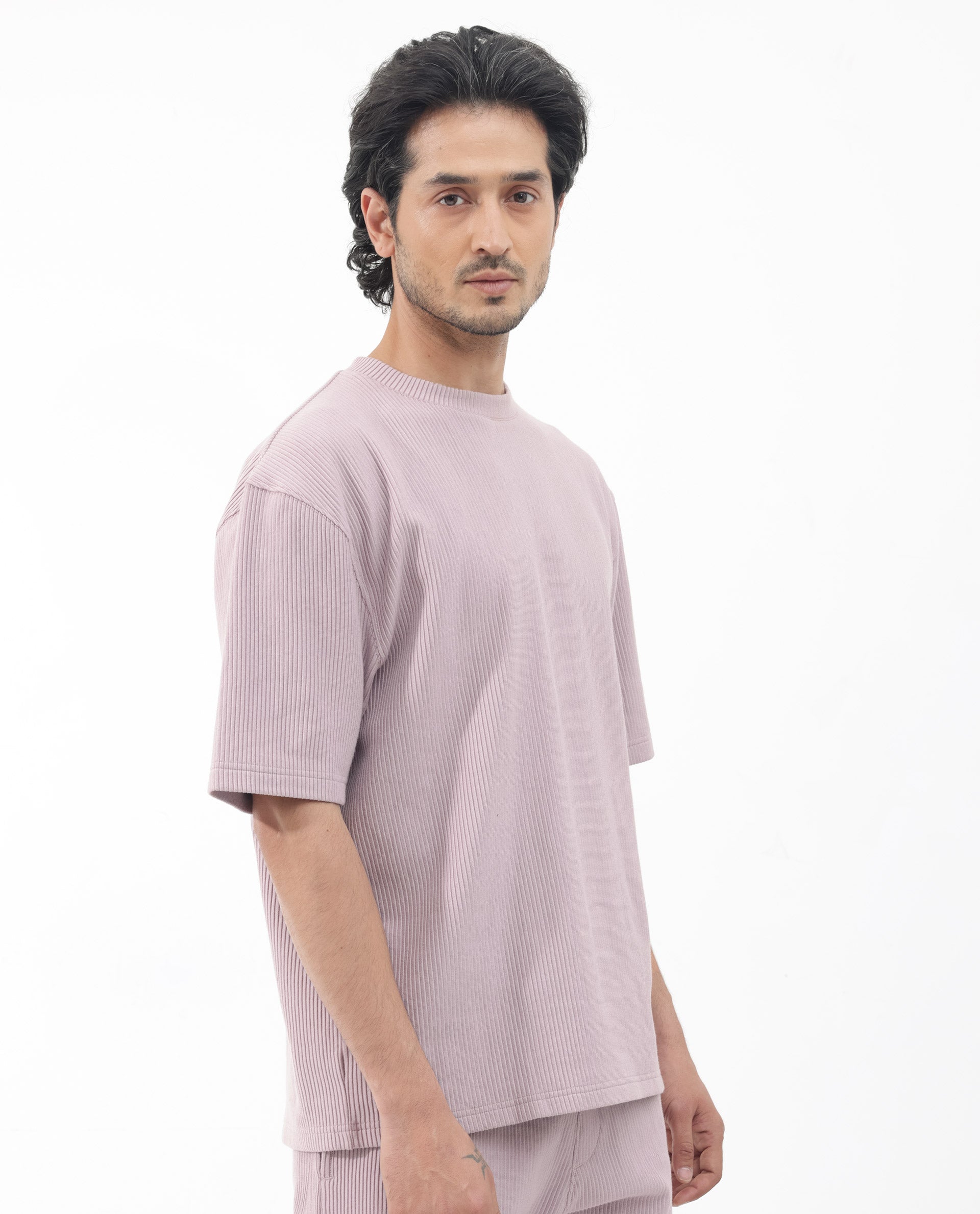 Rare Rabbit Men's Breet Dusky Purple Cotton Lycra Fabric Short Sleeve Oversized Fit Solid T-Shirt