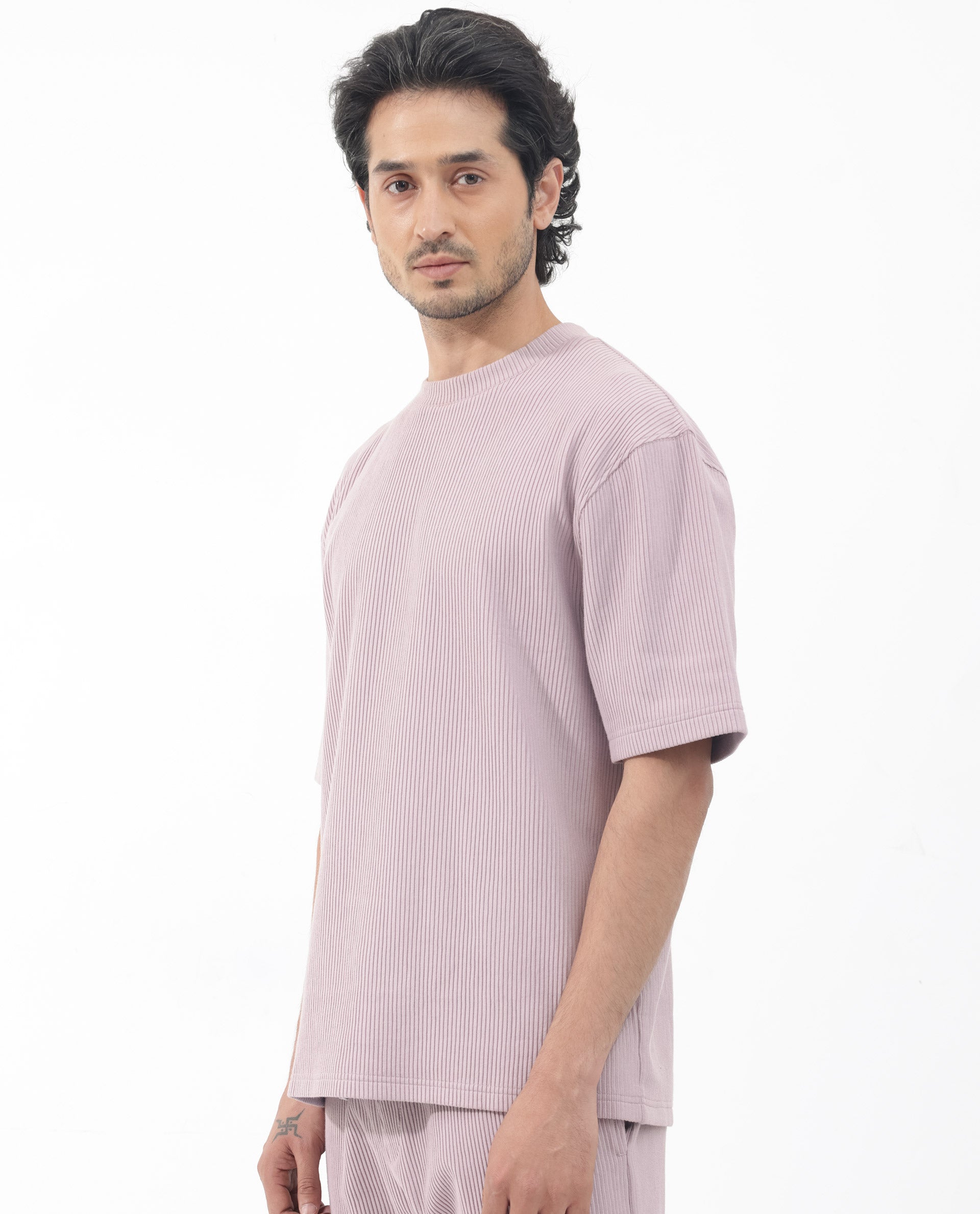 Rare Rabbit Men's Breet Dusky Purple Cotton Lycra Fabric Short Sleeve Oversized Fit Solid T-Shirt
