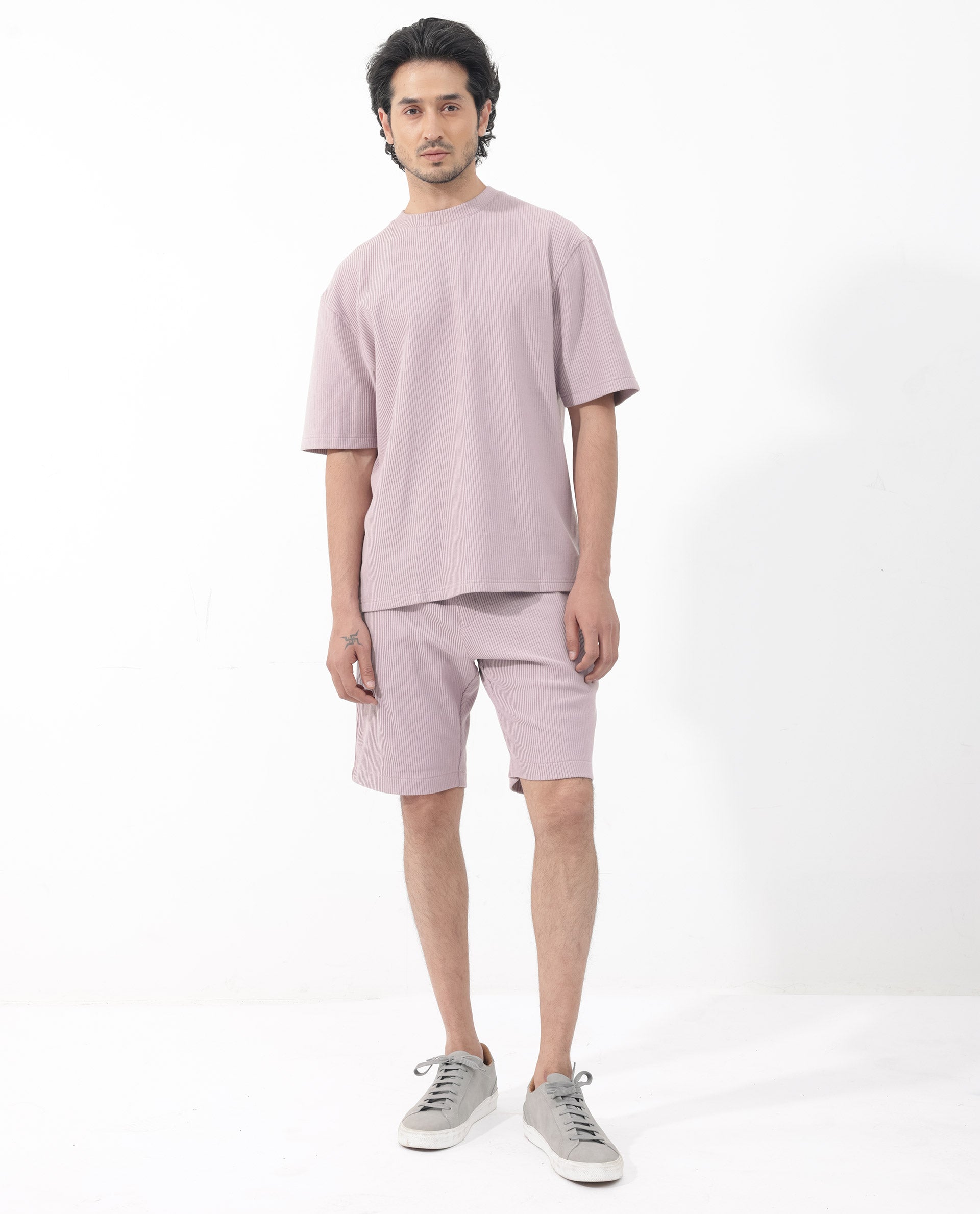 Rare Rabbit Men's Breet Dusky Purple Cotton Lycra Fabric Short Sleeve Oversized Fit Solid T-Shirt