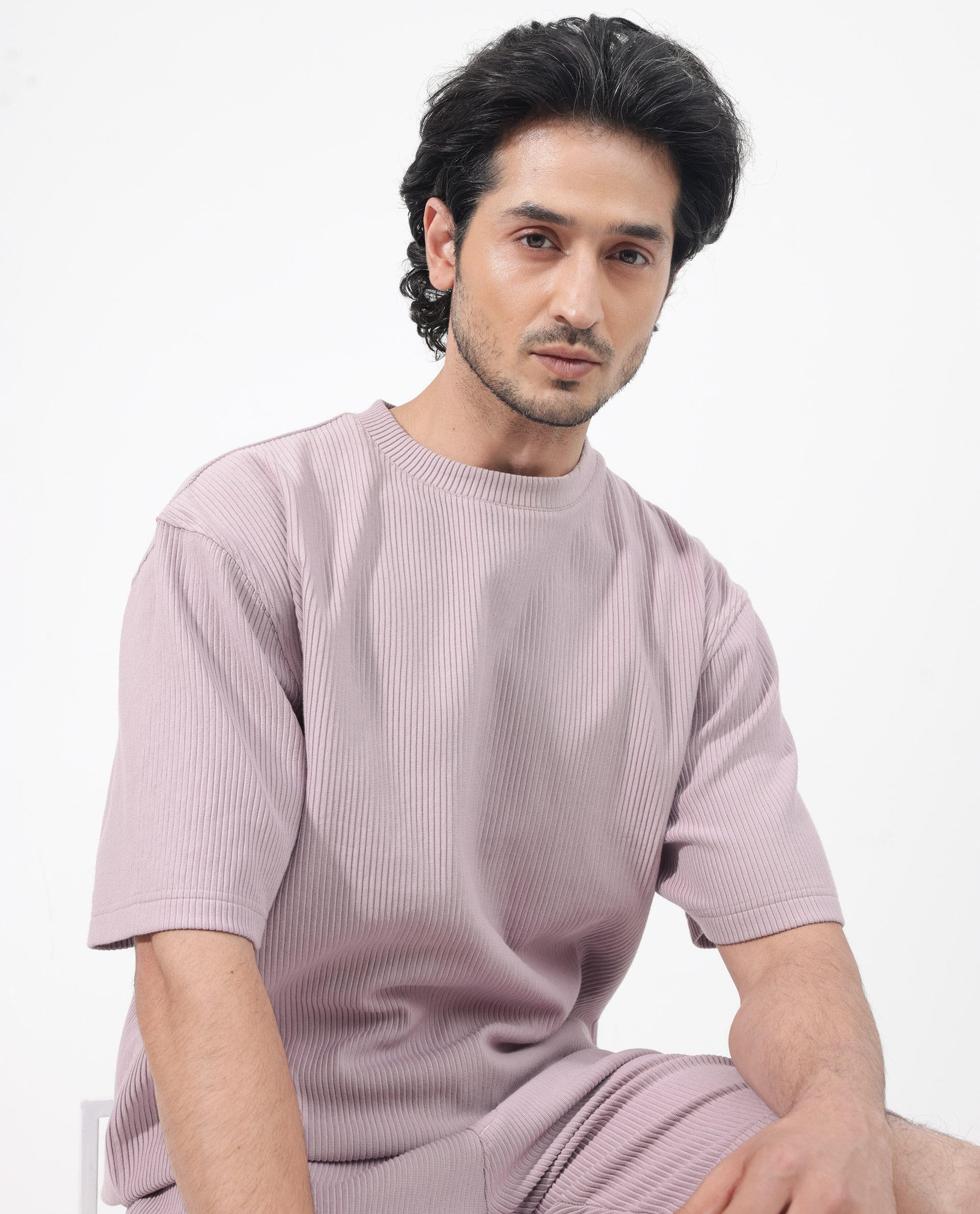 Rare Rabbit Men's Breet Dusky Purple Cotton Lycra Fabric Short Sleeve Oversized Fit Solid T-Shirt