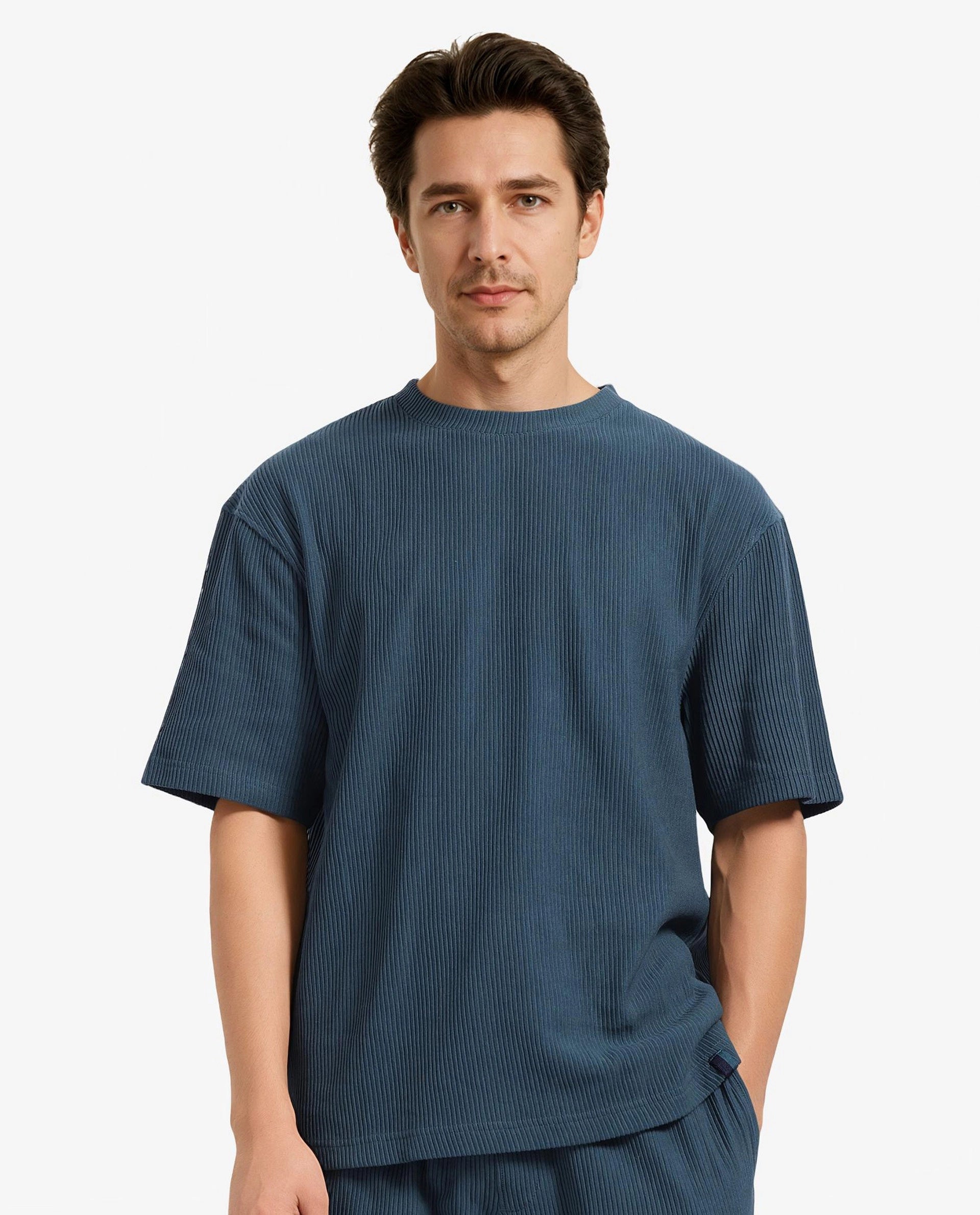 Rare Rabbit Men's Breet-1 Dark Green Cotton Blend Fabric Short Sleeve Crew Neck Oversized Fit Textured T-Shirt