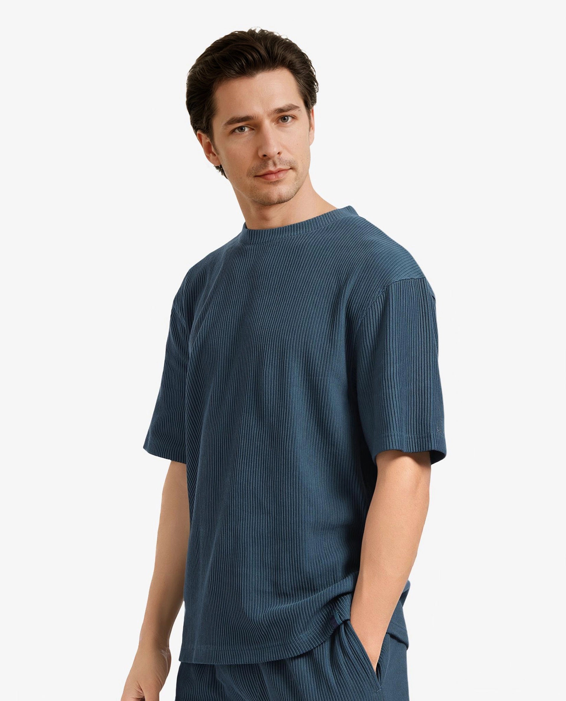 Rare Rabbit Men's Breet-1 Dark Green Cotton Blend Fabric Short Sleeve Crew Neck Oversized Fit Textured T-Shirt