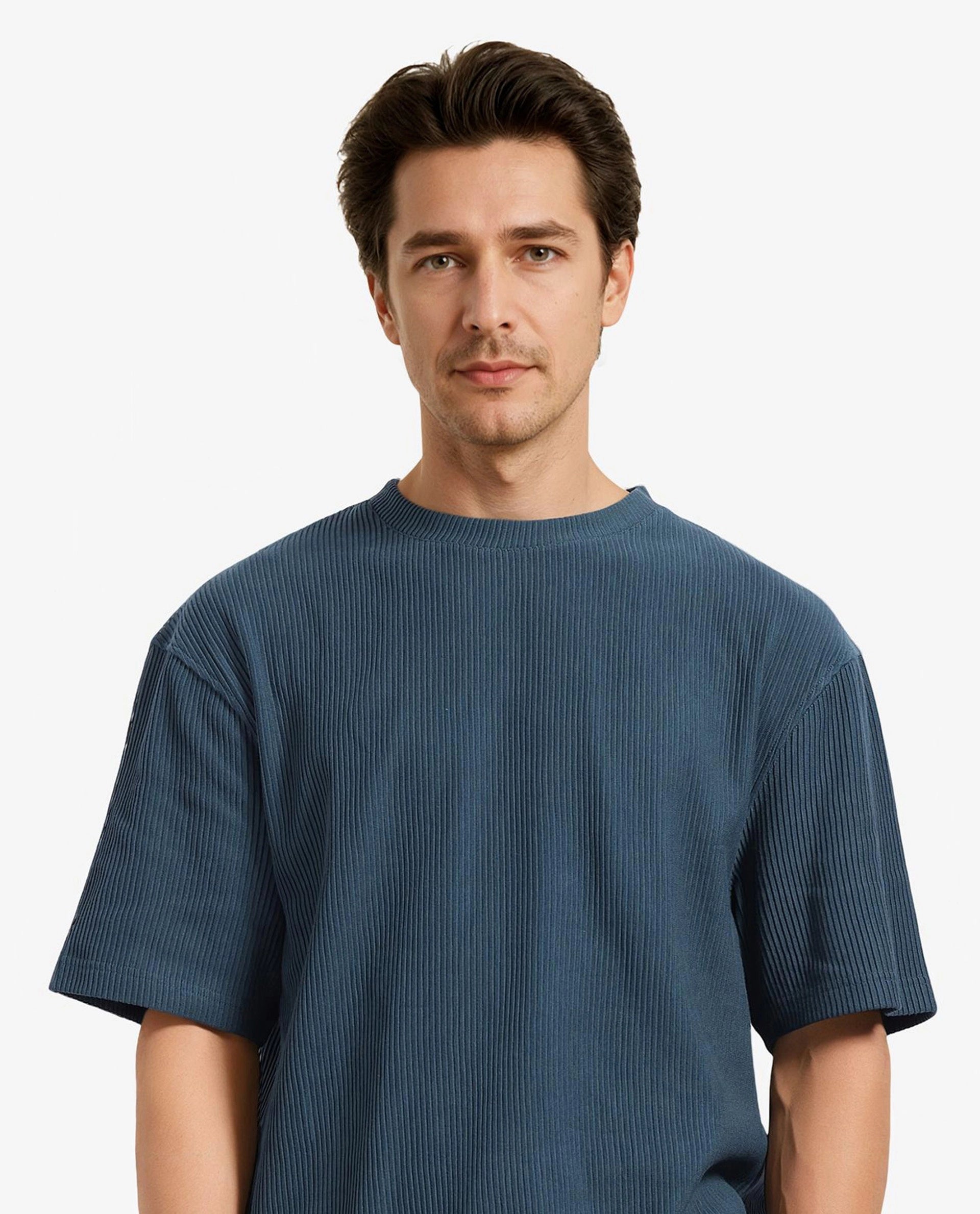 Rare Rabbit Men's Breet-1 Dark Green Cotton Blend Fabric Short Sleeve Crew Neck Oversized Fit Textured T-Shirt