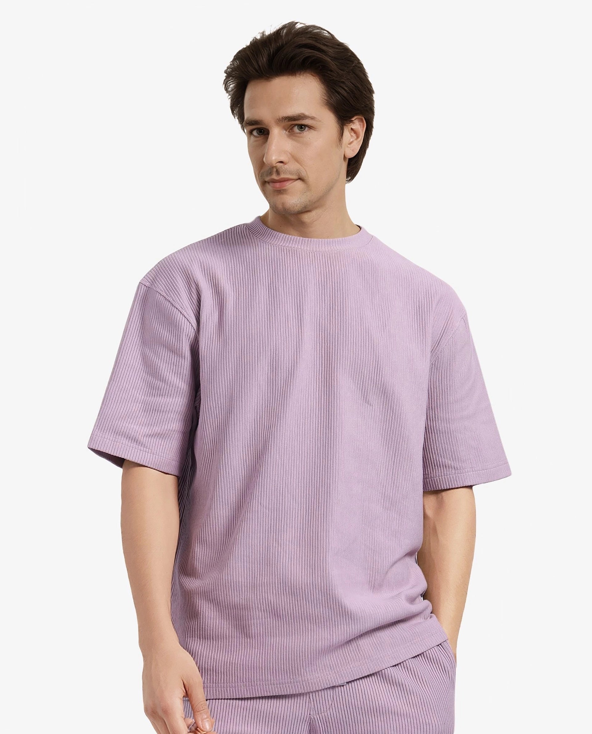 Rare Rabbit Men's Breet-1 Dusky Pink Cotton Blend Fabric Short Sleeve Crew Neck Oversized Fit Textured T-Shirt