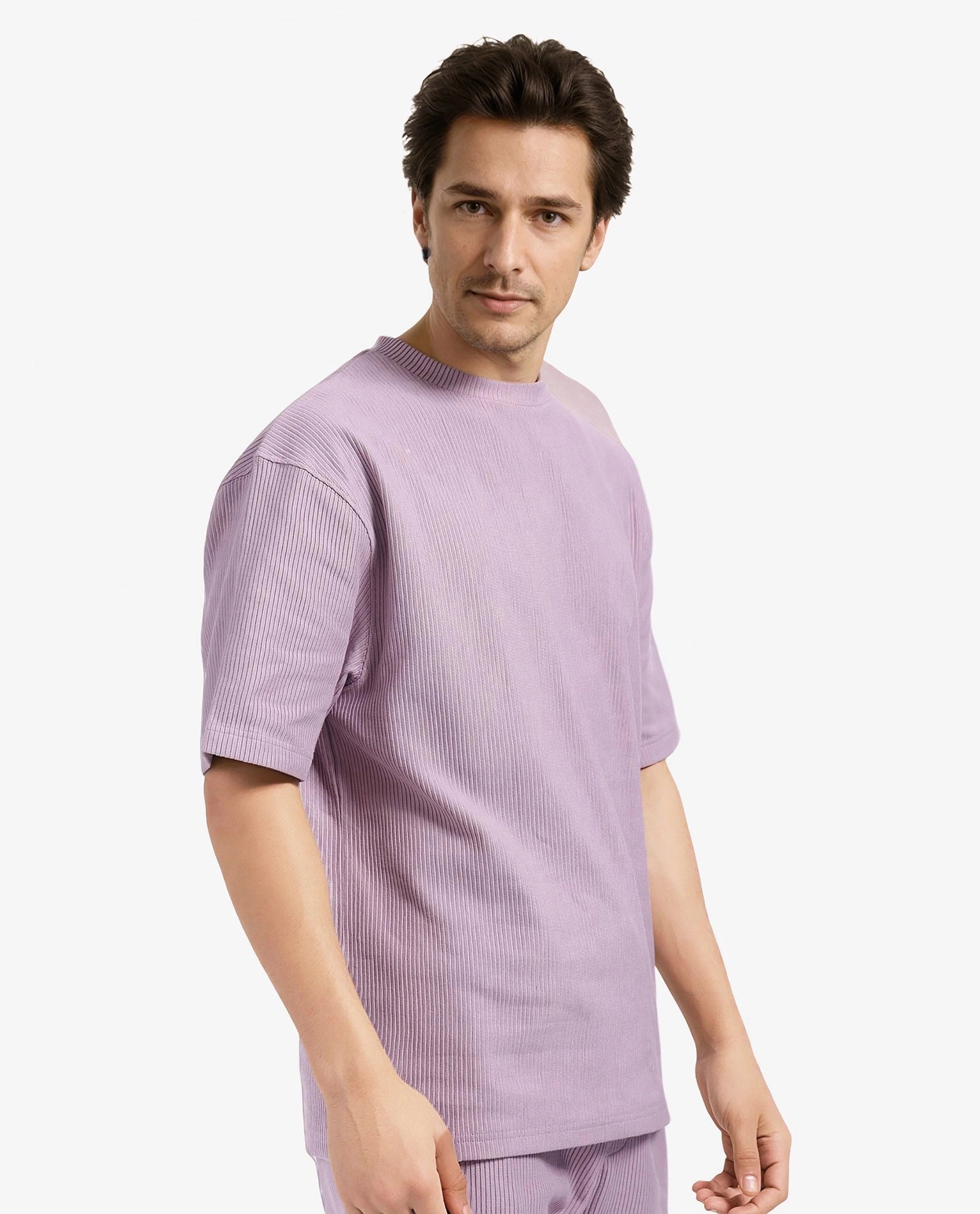 Rare Rabbit Men's Breet-1 Dusky Pink Cotton Blend Fabric Short Sleeve Crew Neck Oversized Fit Textured T-Shirt