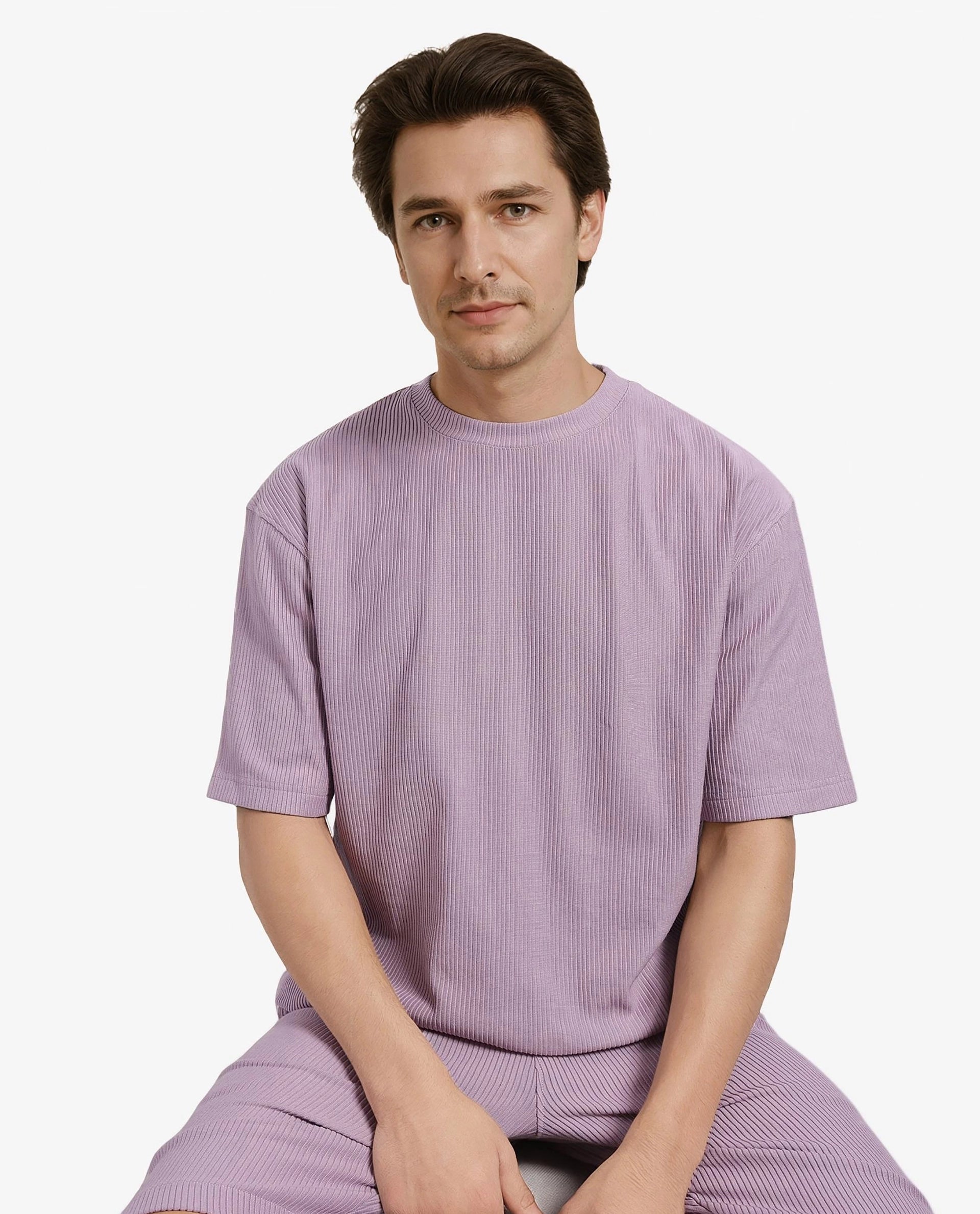 Rare Rabbit Men's Breet-1 Dusky Pink Cotton Blend Fabric Short Sleeve Crew Neck Oversized Fit Textured T-Shirt