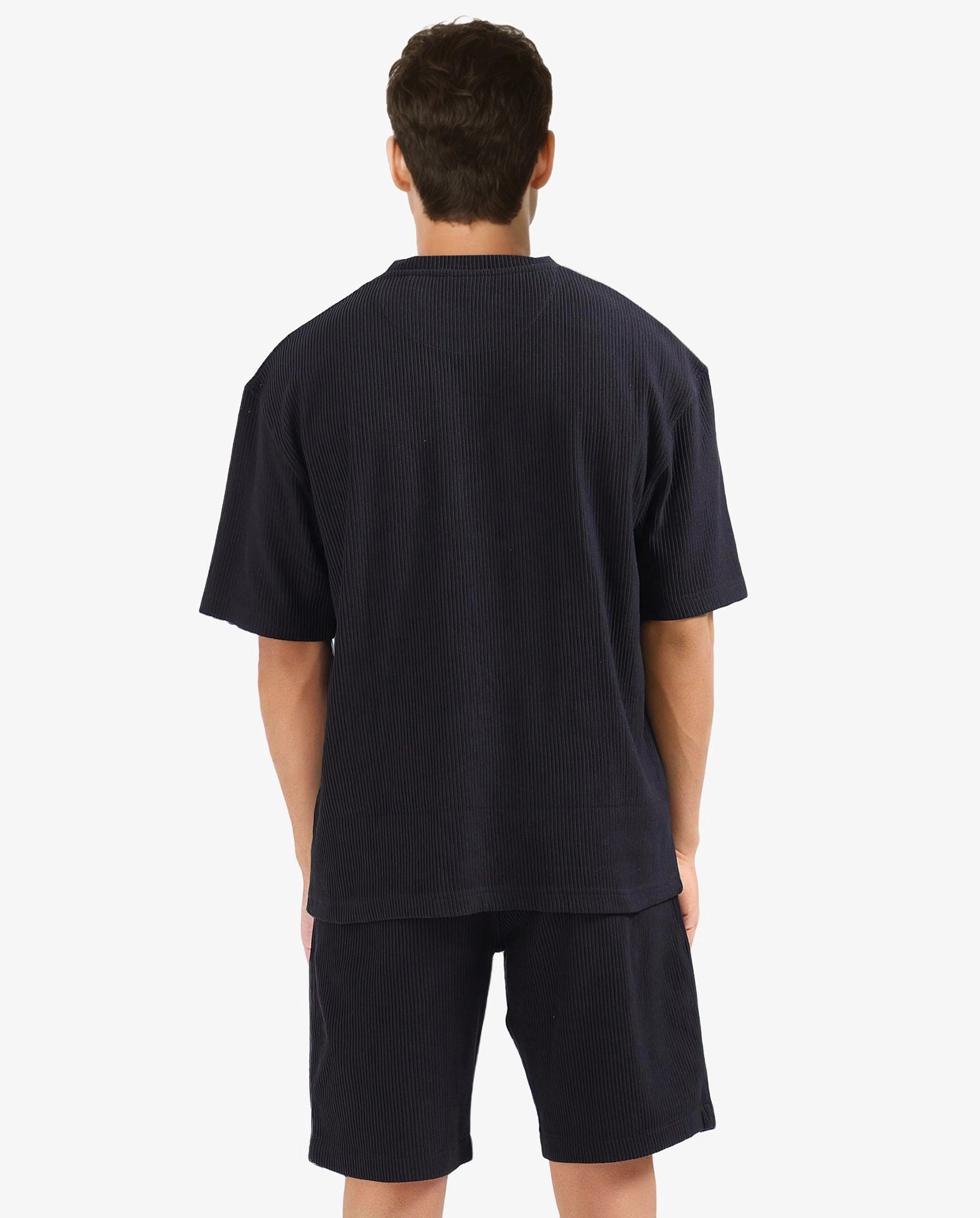 Rare Rabbit Men's Breet-1 Black Cotton Blend Fabric Short Sleeve Crew Neck Oversized Fit Textured T-Shirt