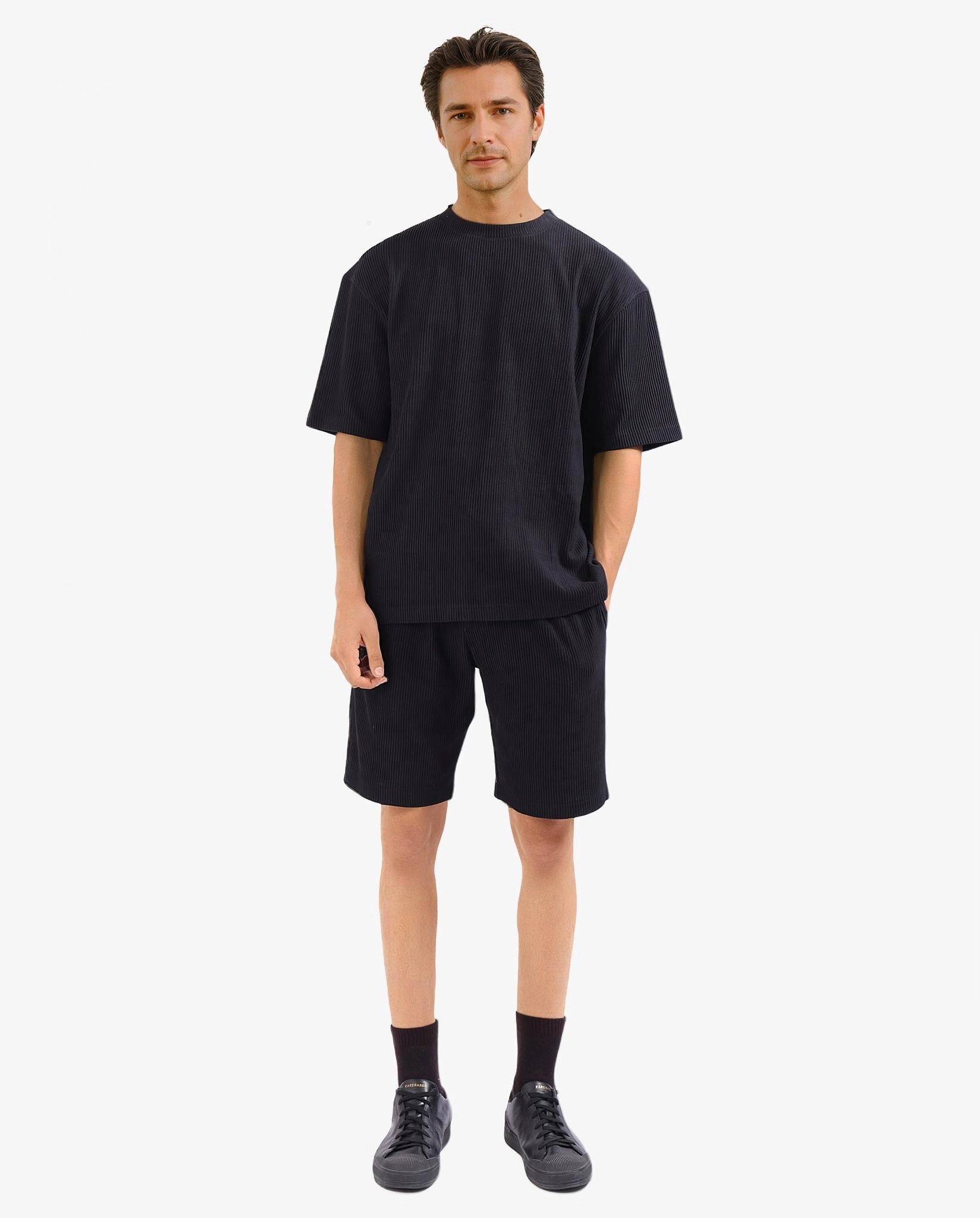 Rare Rabbit Men's Breet-1 Black Cotton Blend Fabric Short Sleeve Crew Neck Oversized Fit Textured T-Shirt