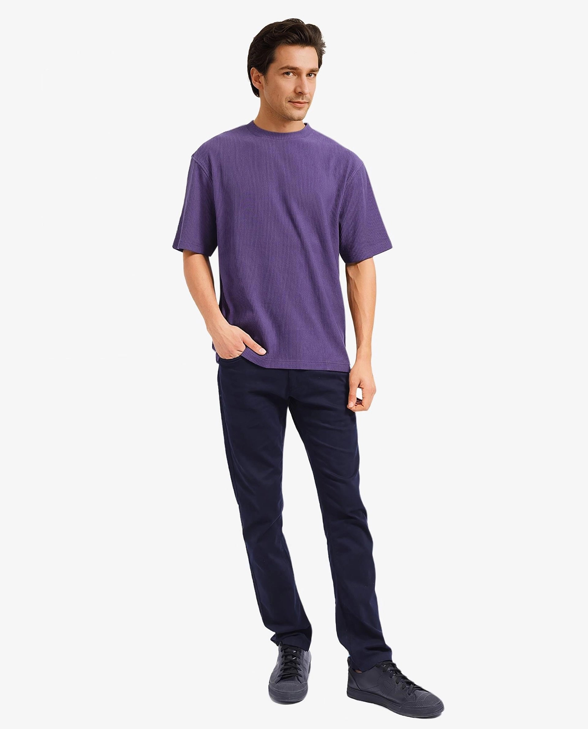 Rare Rabbit Men's Breet-1 Dark Purple Cotton Blend Fabric Short Sleeve Crew Neck Oversized Fit Textured T-Shirt