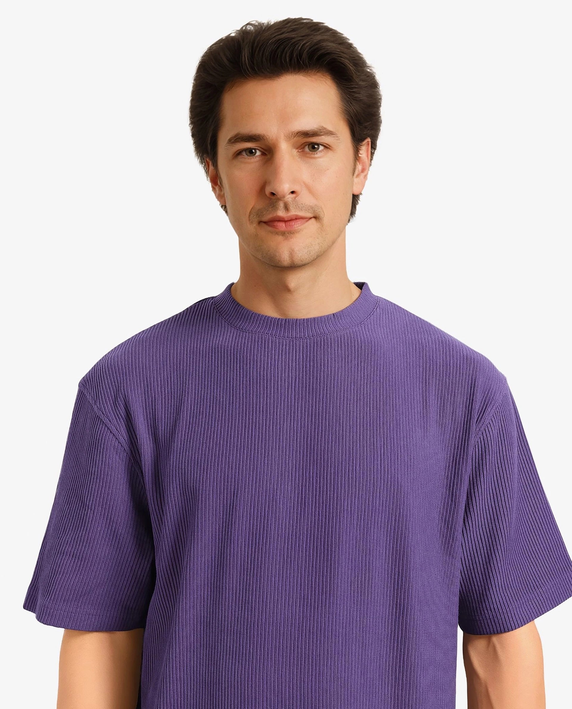 Rare Rabbit Men's Breet-1 Dark Purple Cotton Blend Fabric Short Sleeve Crew Neck Oversized Fit Textured T-Shirt