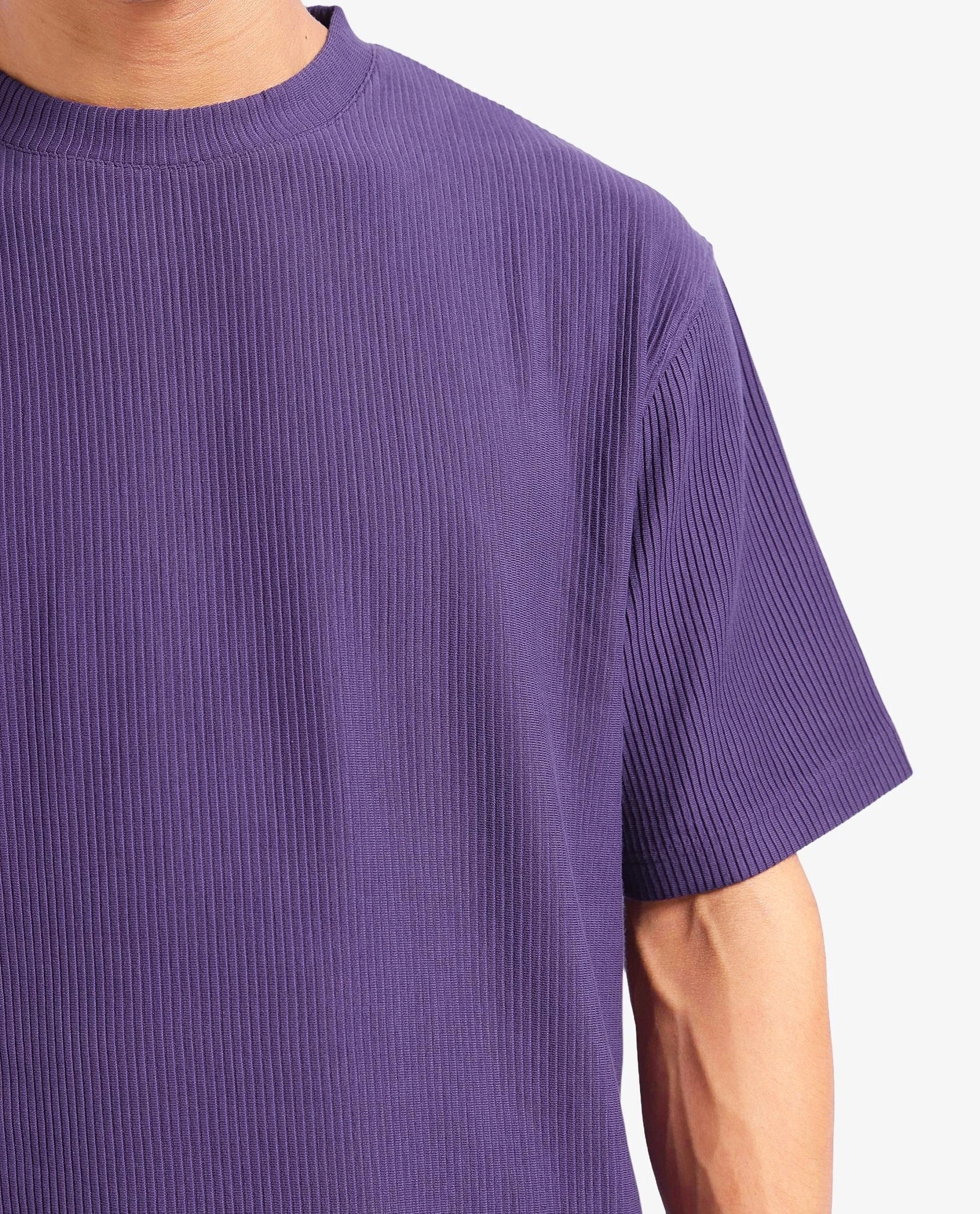 Rare Rabbit Men's Breet-1 Dark Purple Cotton Blend Fabric Short Sleeve Crew Neck Oversized Fit Textured T-Shirt