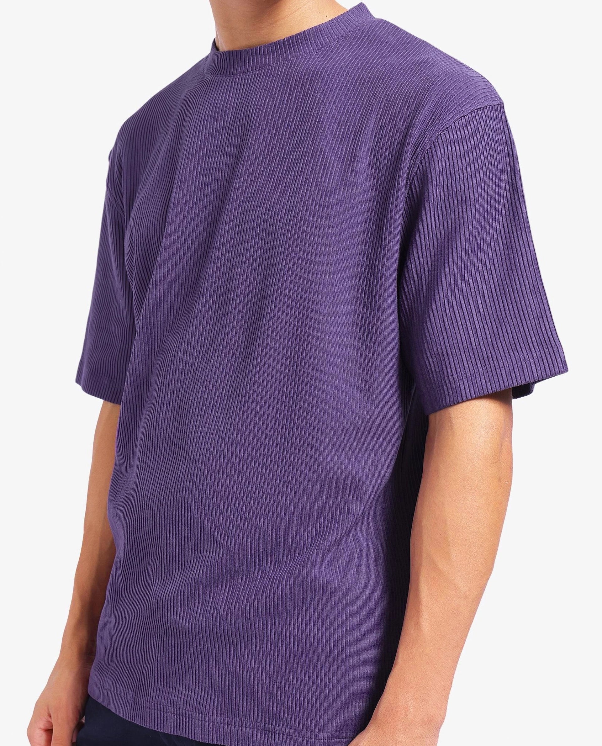 Rare Rabbit Men's Breet-1 Dark Purple Cotton Blend Fabric Short Sleeve Crew Neck Oversized Fit Textured T-Shirt