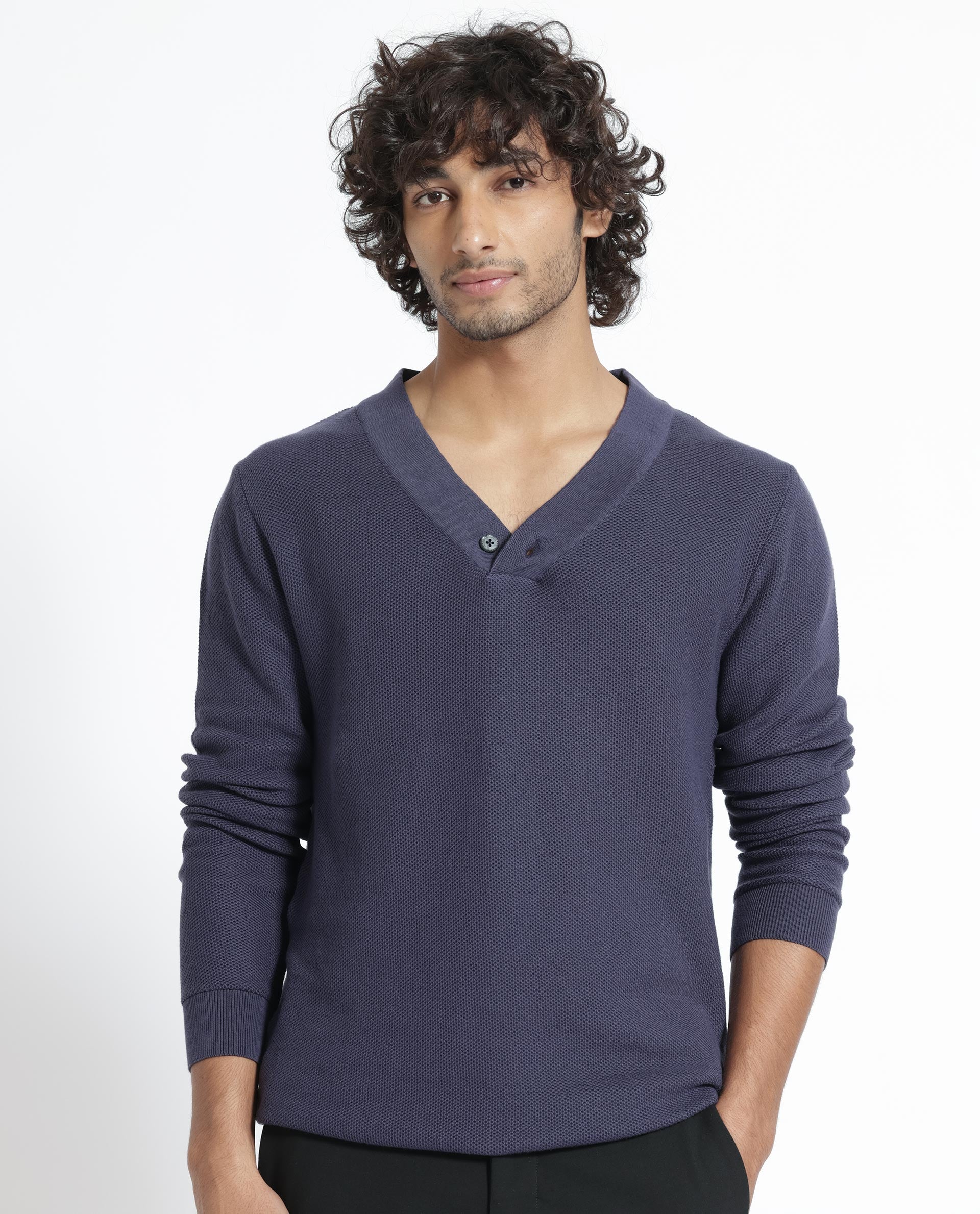 Rare Rabbit Men's Breeze Purple Cotton Plain Regular Fit Full Sleeve V-Neck Sweater