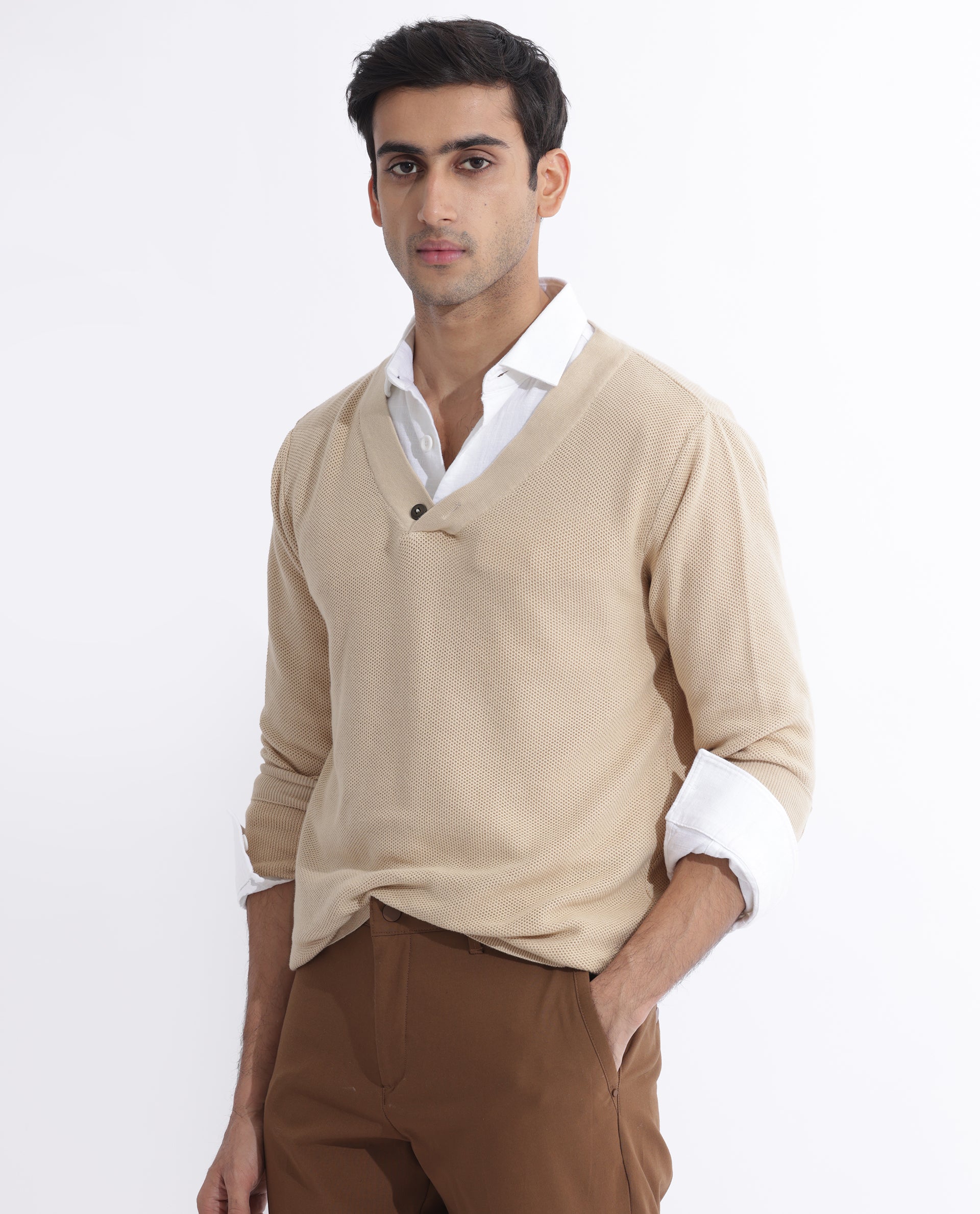 Rare Rabbit Mens Breeze Beige Sweater Full Sleeve V-Neck Solid