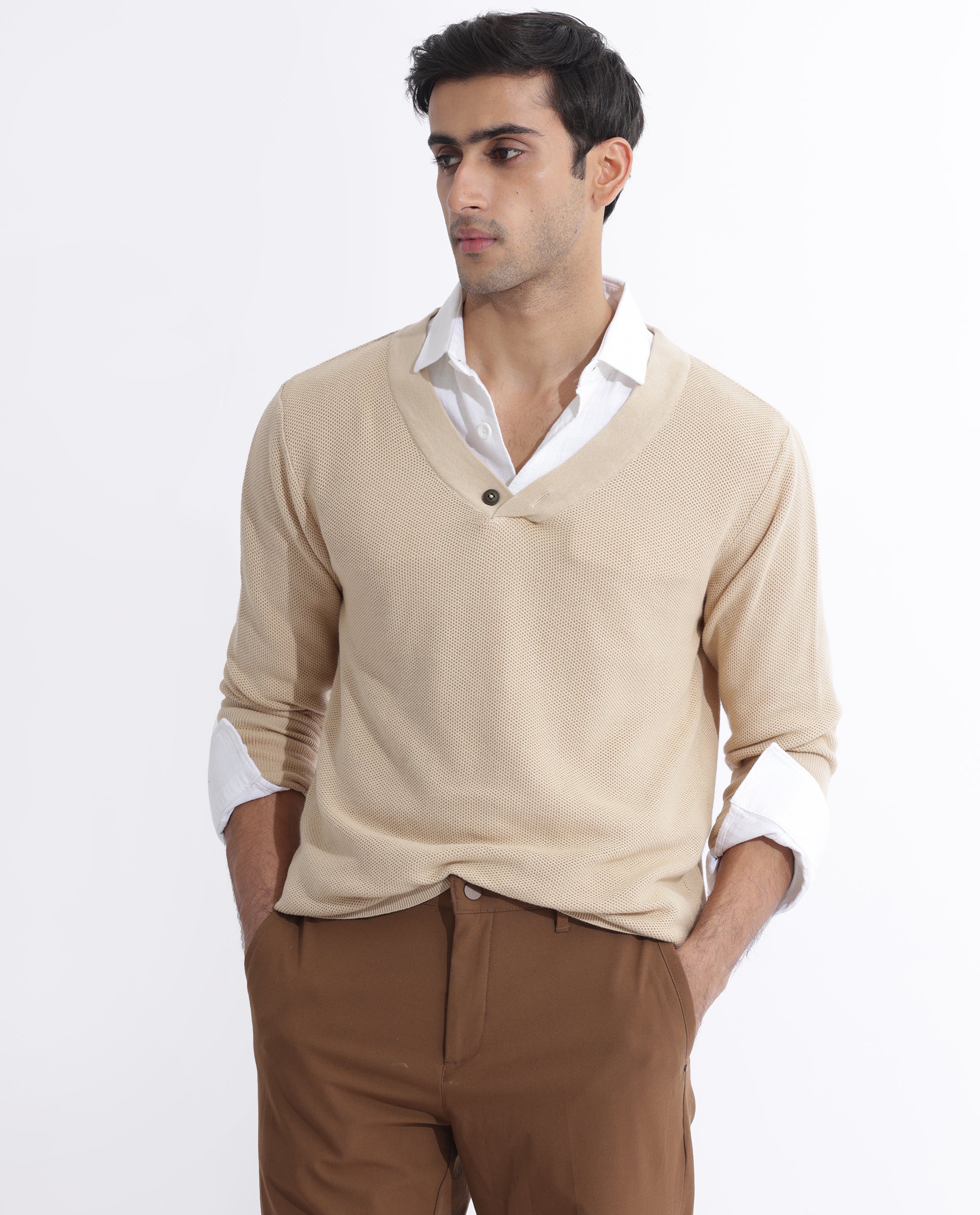 Rare Rabbit Men's Breeze Beige Cotton Plain Regular Fit Full Sleeve V-Neck Sweater