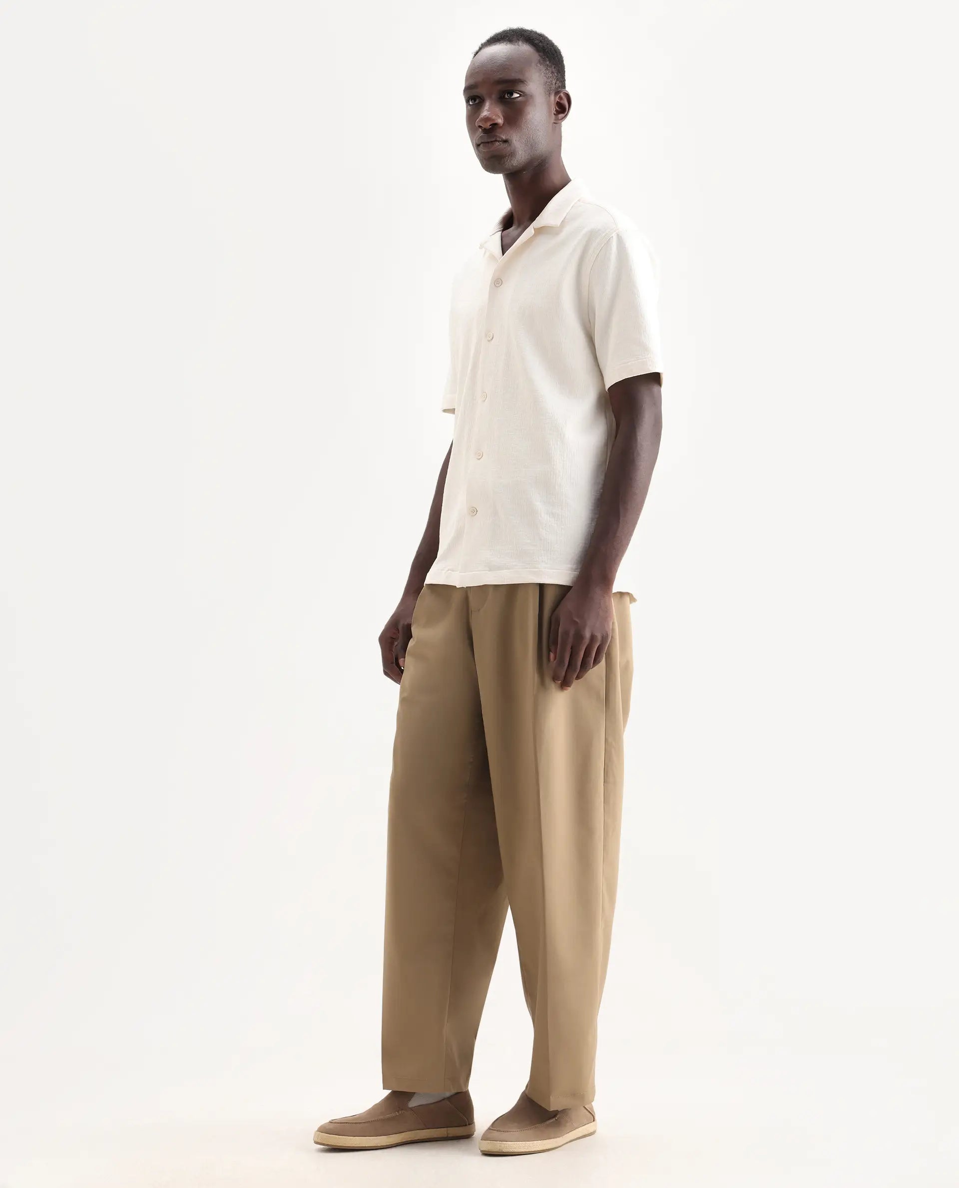 Rare Rabbit Men's Brelint Khaki Linen Blend Plain Relaxed Fit Trouser