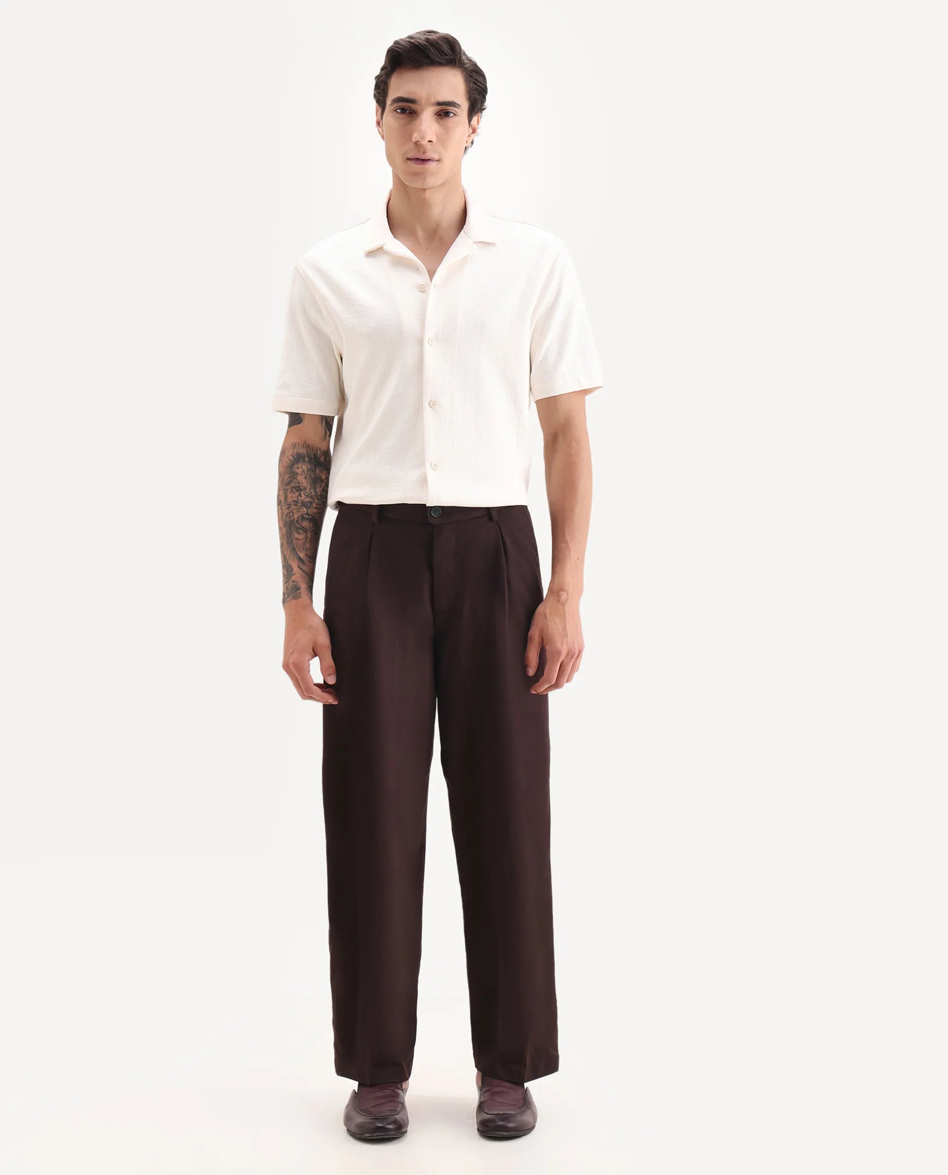 Rare Rabbit Men's Brelint Maroon Cotton Blend Plain Relaxed Fit Trouser