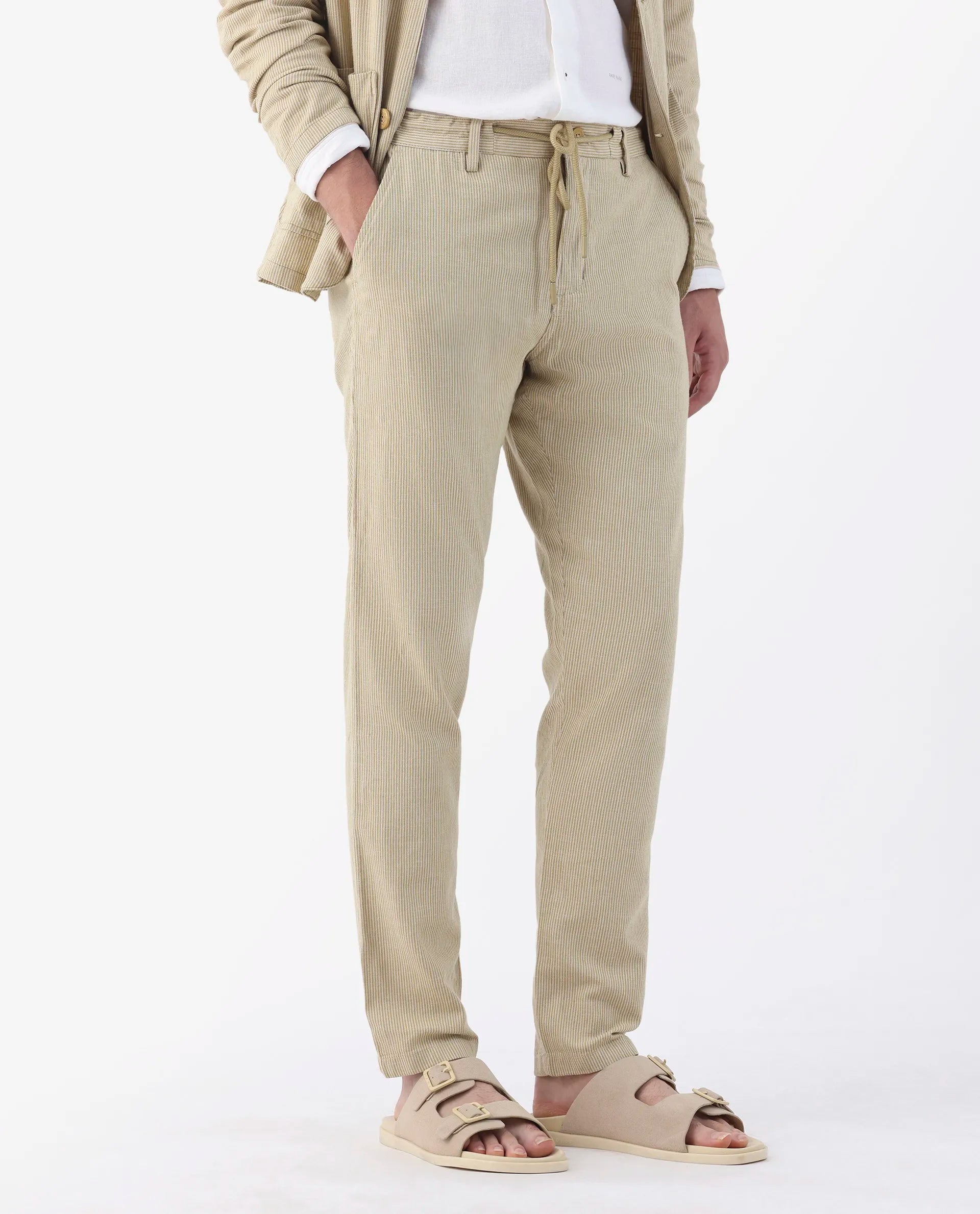 Rare Rabbit Men's Brera Mustard Linen Blend Striped Print Regular Fit Trouser