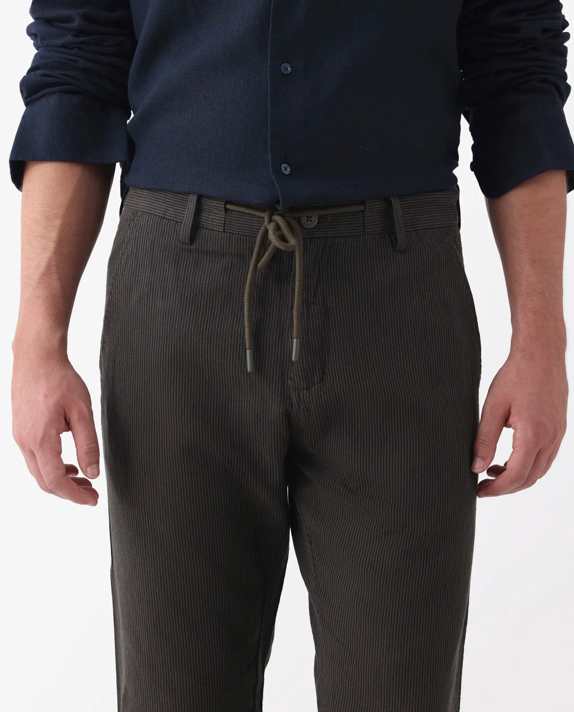 Rare Rabbit Men's Brera Olive Linen Blend Striped Print Regular Fit Trouser