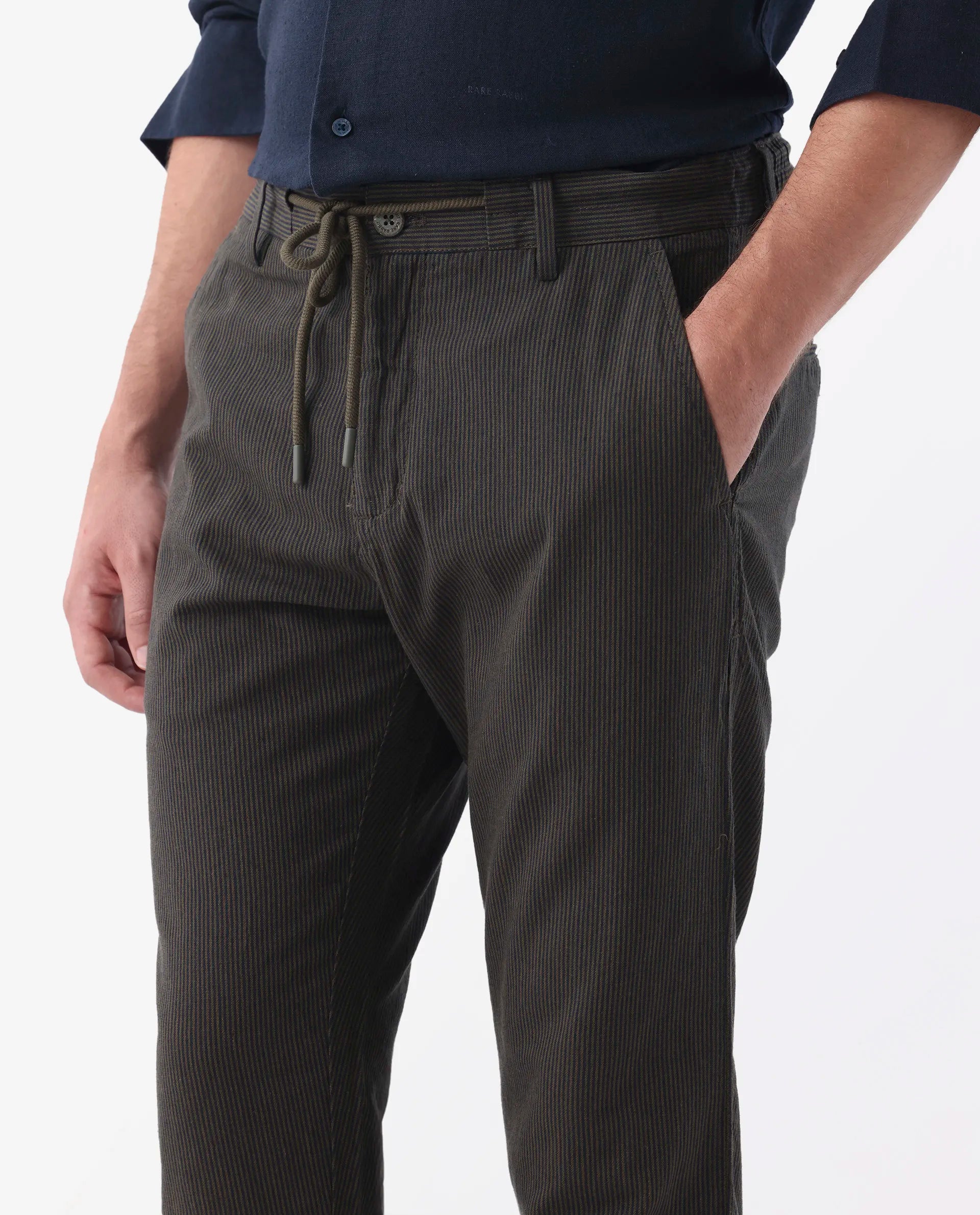 Rare Rabbit Men's Brera Olive Linen Blend Striped Print Regular Fit Trouser