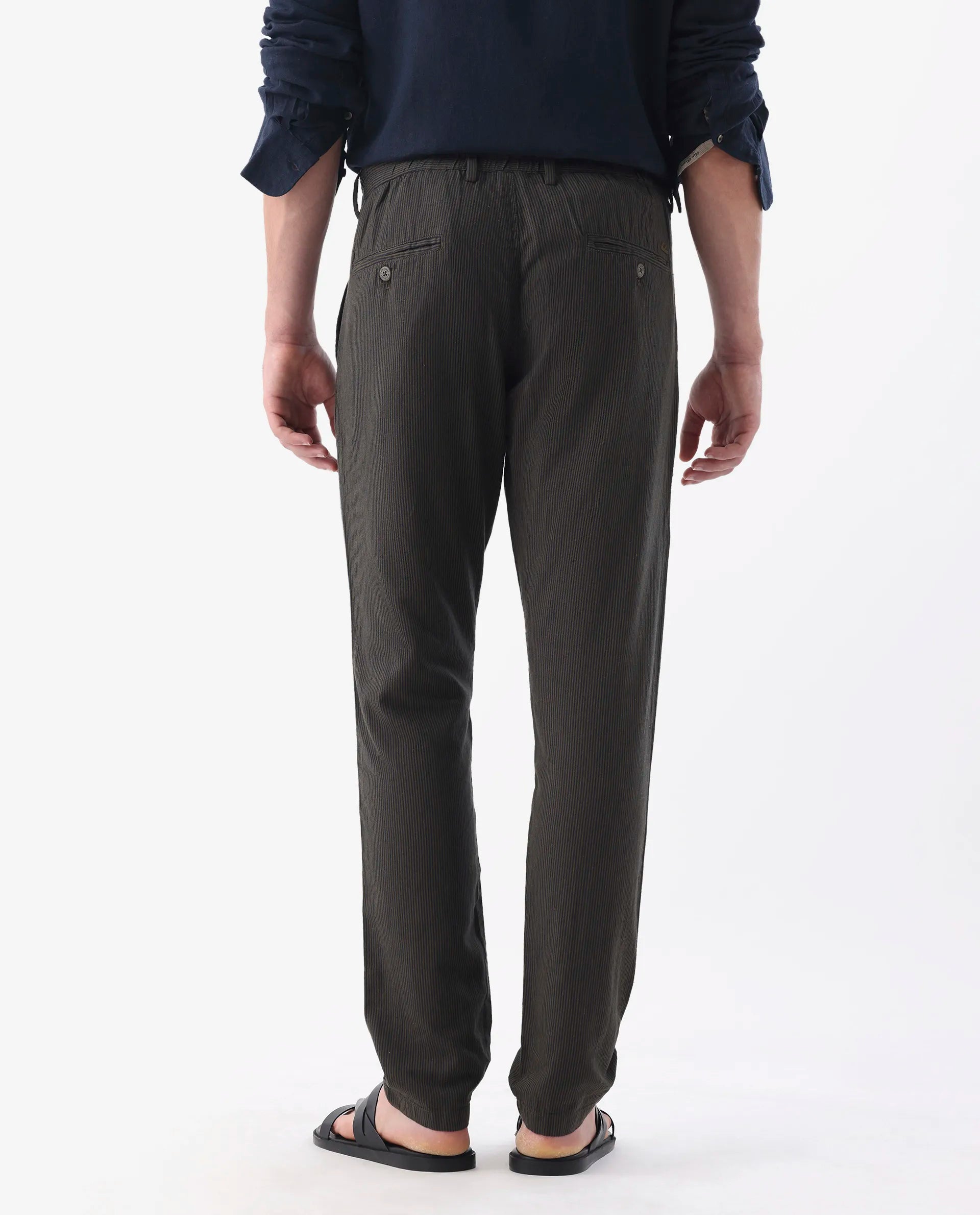 Rare Rabbit Men's Brera Olive Linen Blend Striped Print Regular Fit Trouser