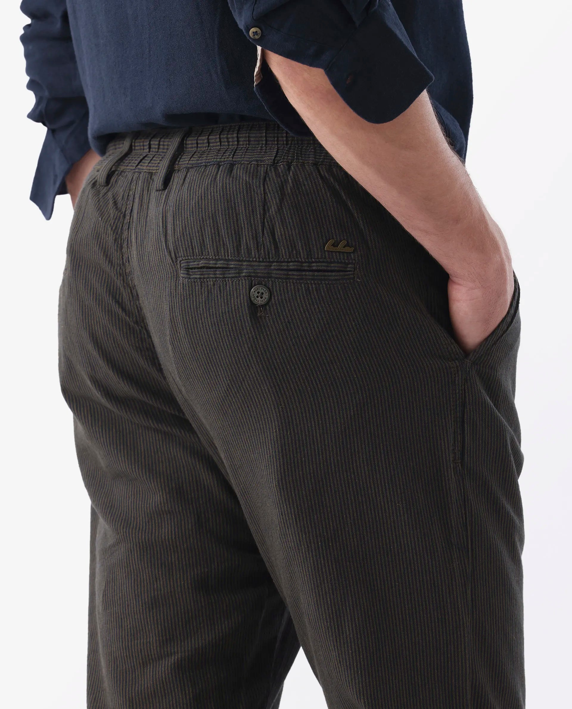 Rare Rabbit Men's Brera Olive Linen Blend Striped Print Regular Fit Trouser