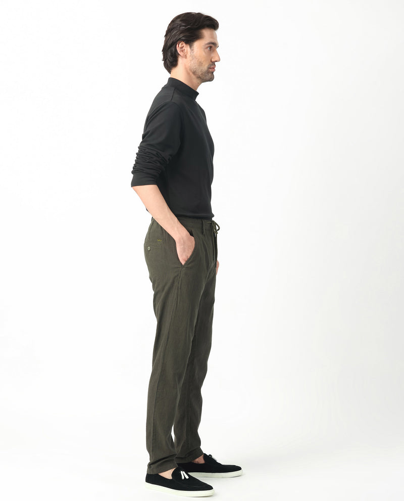 Rare Rabbit Men's Brera Olive Solid-Mid Rise With Drawstring And Elastic Waistband Regular Fit Trouser
