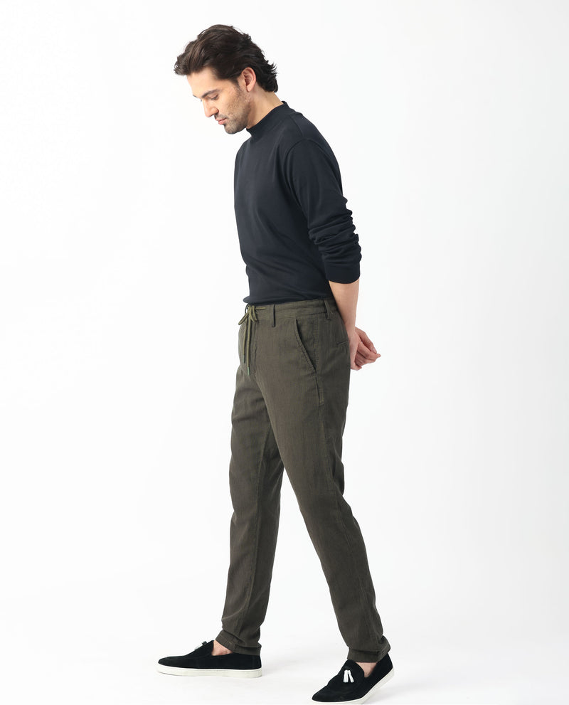 Rare Rabbit Men's Brera Olive Solid-Mid Rise With Drawstring And Elastic Waistband Regular Fit Trouser