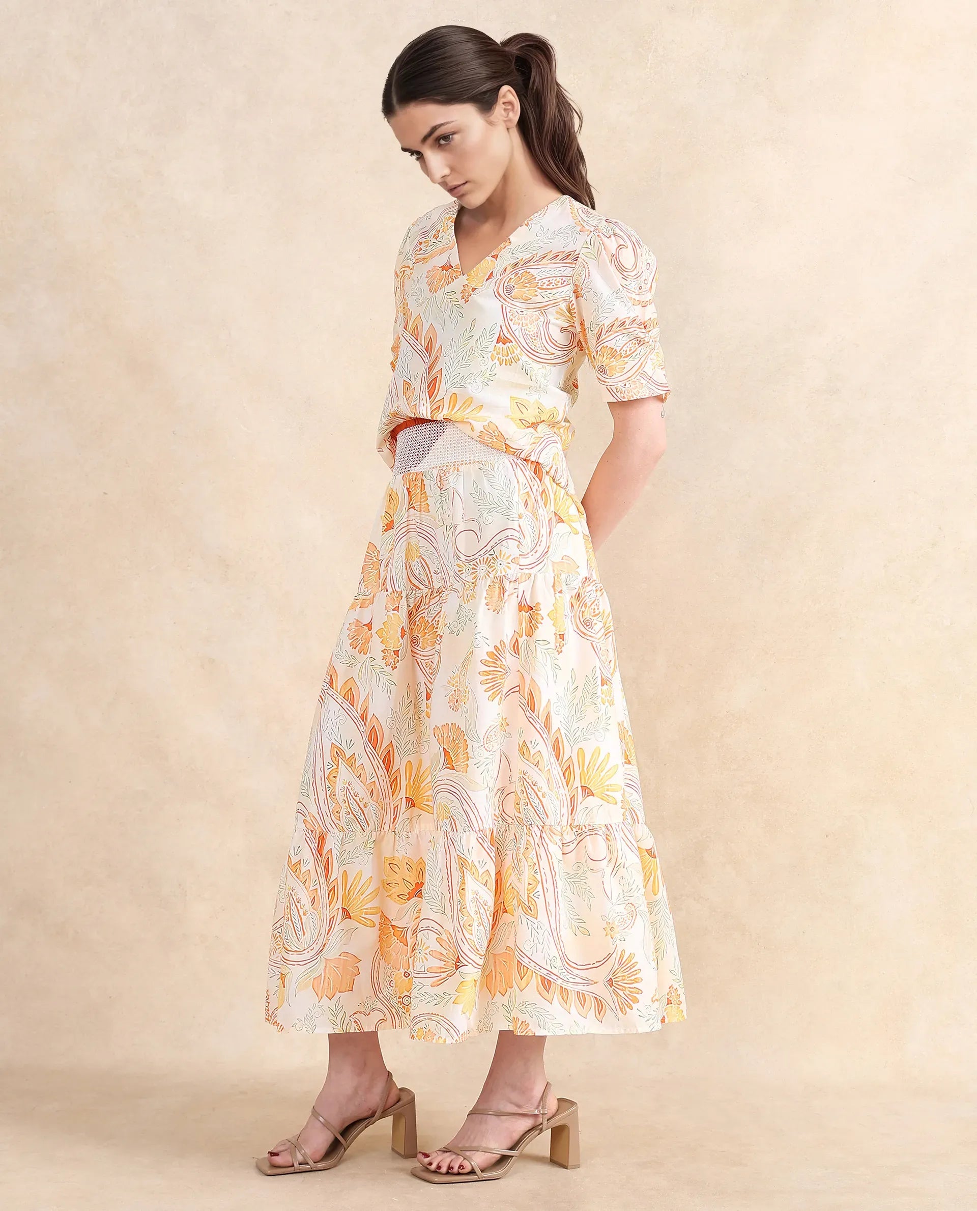 Rareism Women's Bresica Light Multi Cotton Paisley Print Midi Flared Skirt