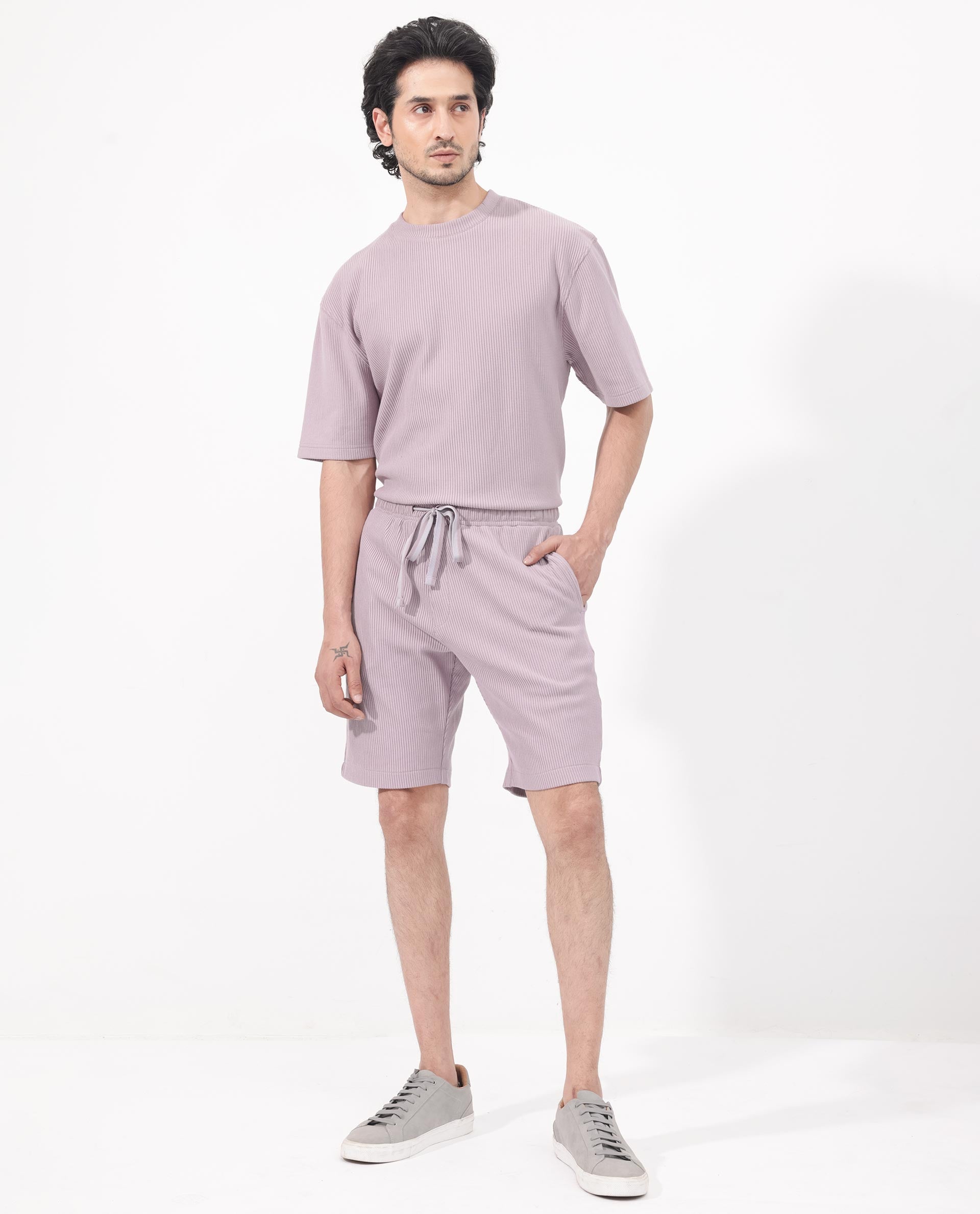 Rare Rabbit Mens Breto Dusky Purple Cotton Polyester Lycra Ribbed Texture Shorts