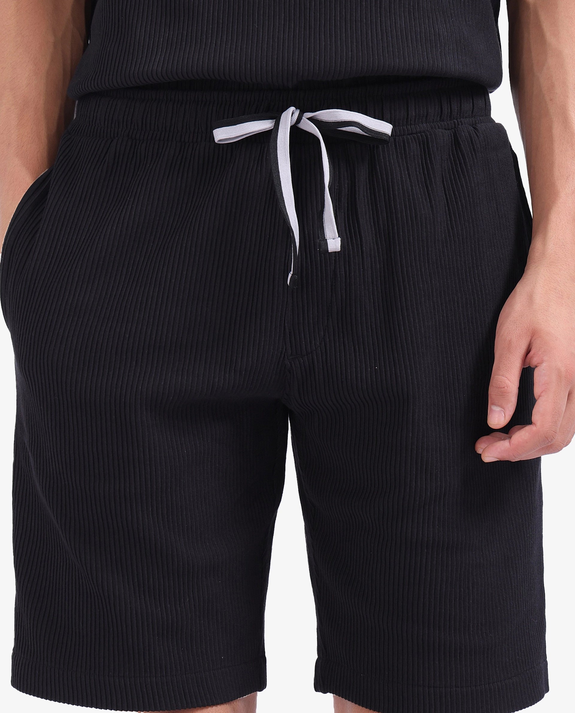Rare Rabbit Men Breto-1 Black Cotton Polyester Lycra Ribbed Texture Shorts