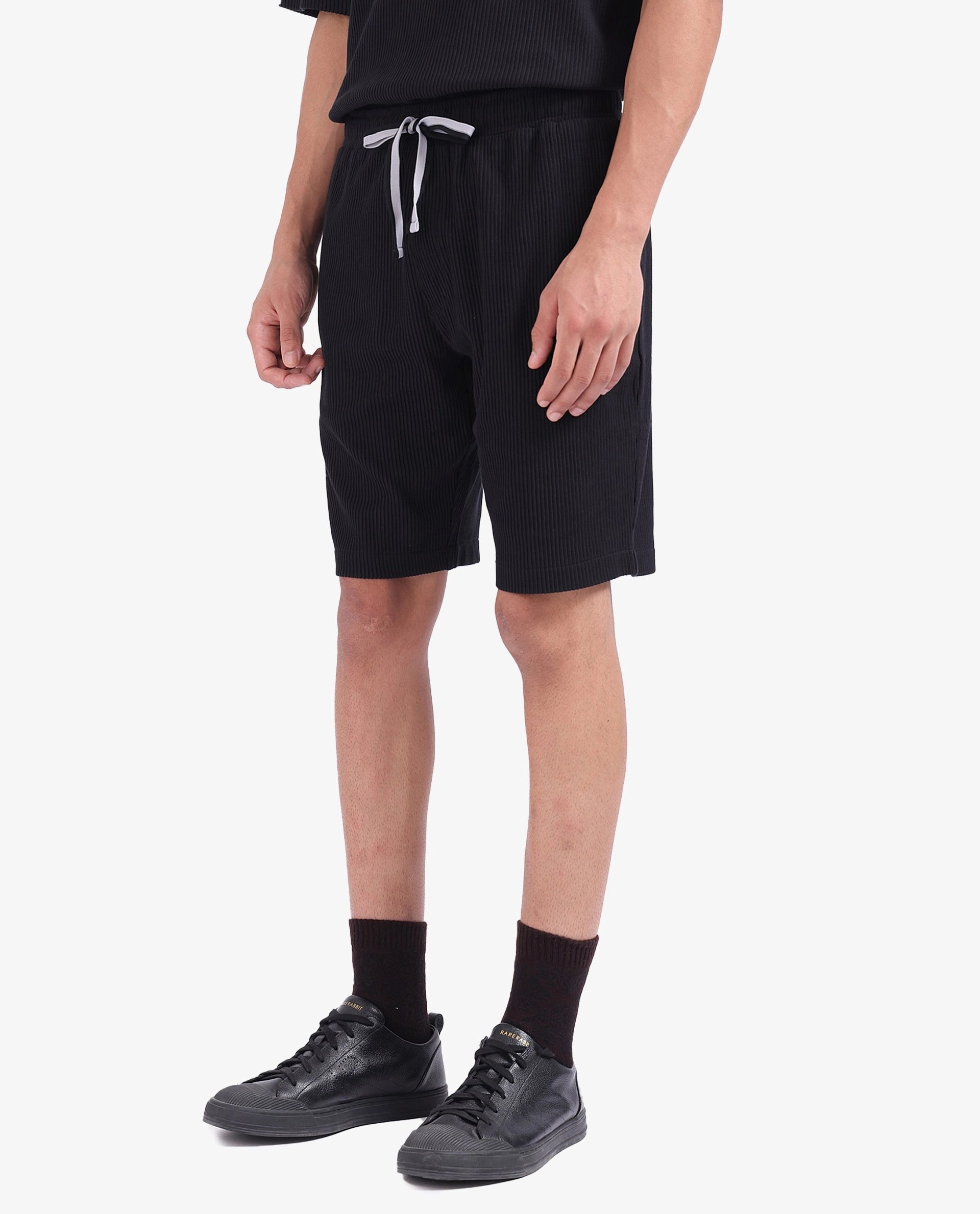 Rare Rabbit Men Breto-1 Black Cotton Polyester Lycra Ribbed Texture Shorts