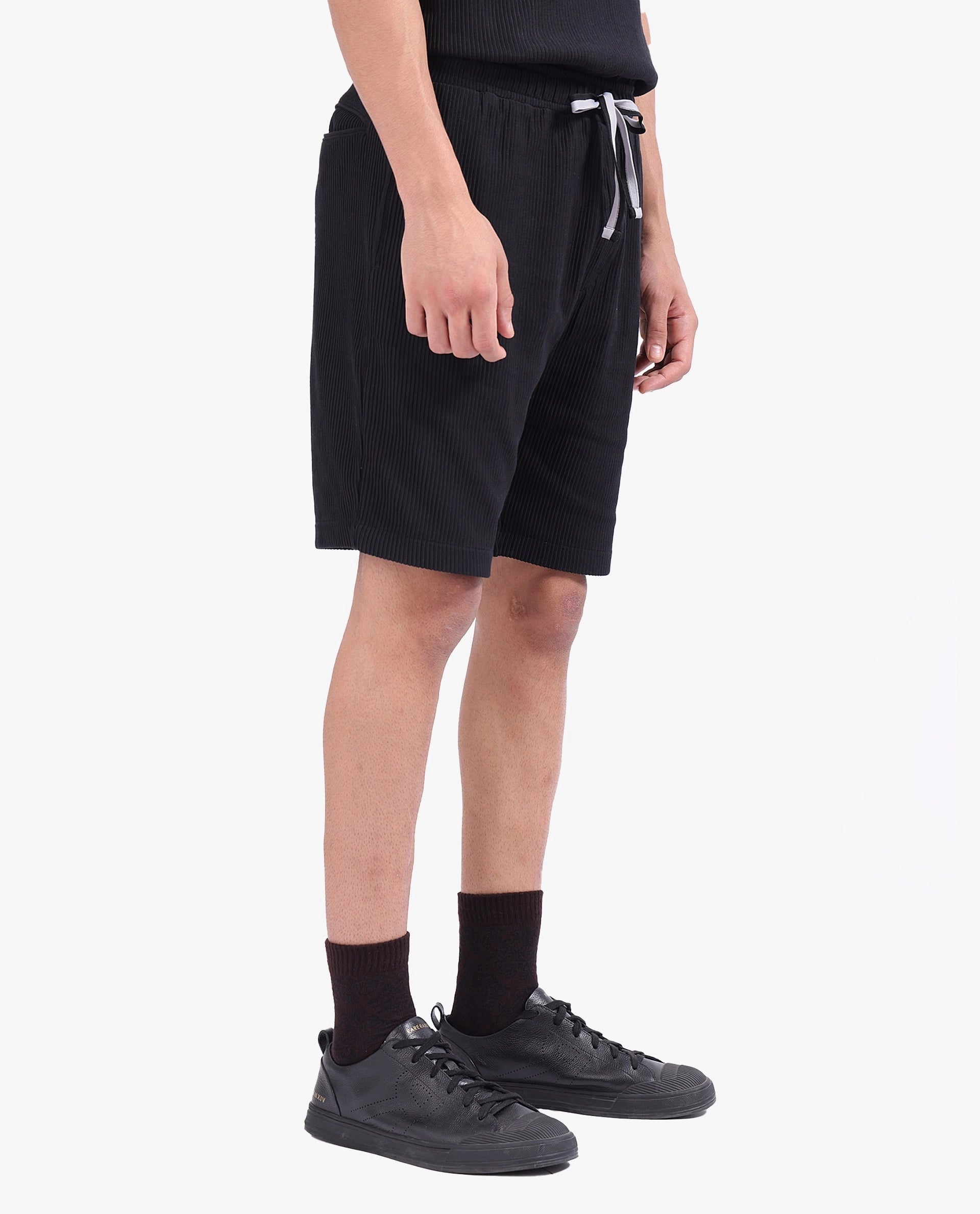 Rare Rabbit Men Breto-1 Black Cotton Polyester Lycra Ribbed Texture Shorts