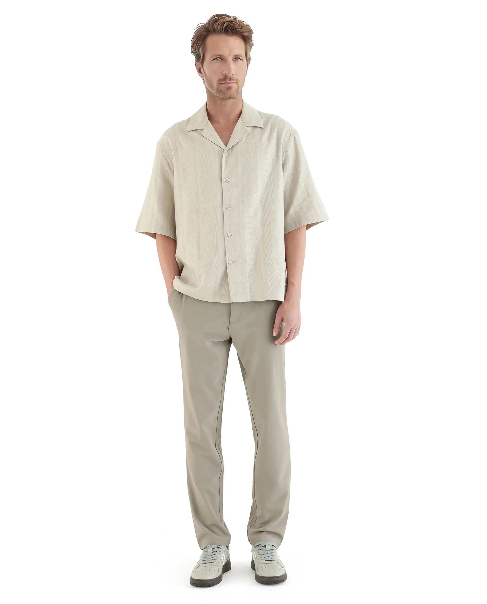 Rare Rabbit Men Brex Beige Viscose Blend Fabric Half Sleeve Cuban Collared Striped Shirt