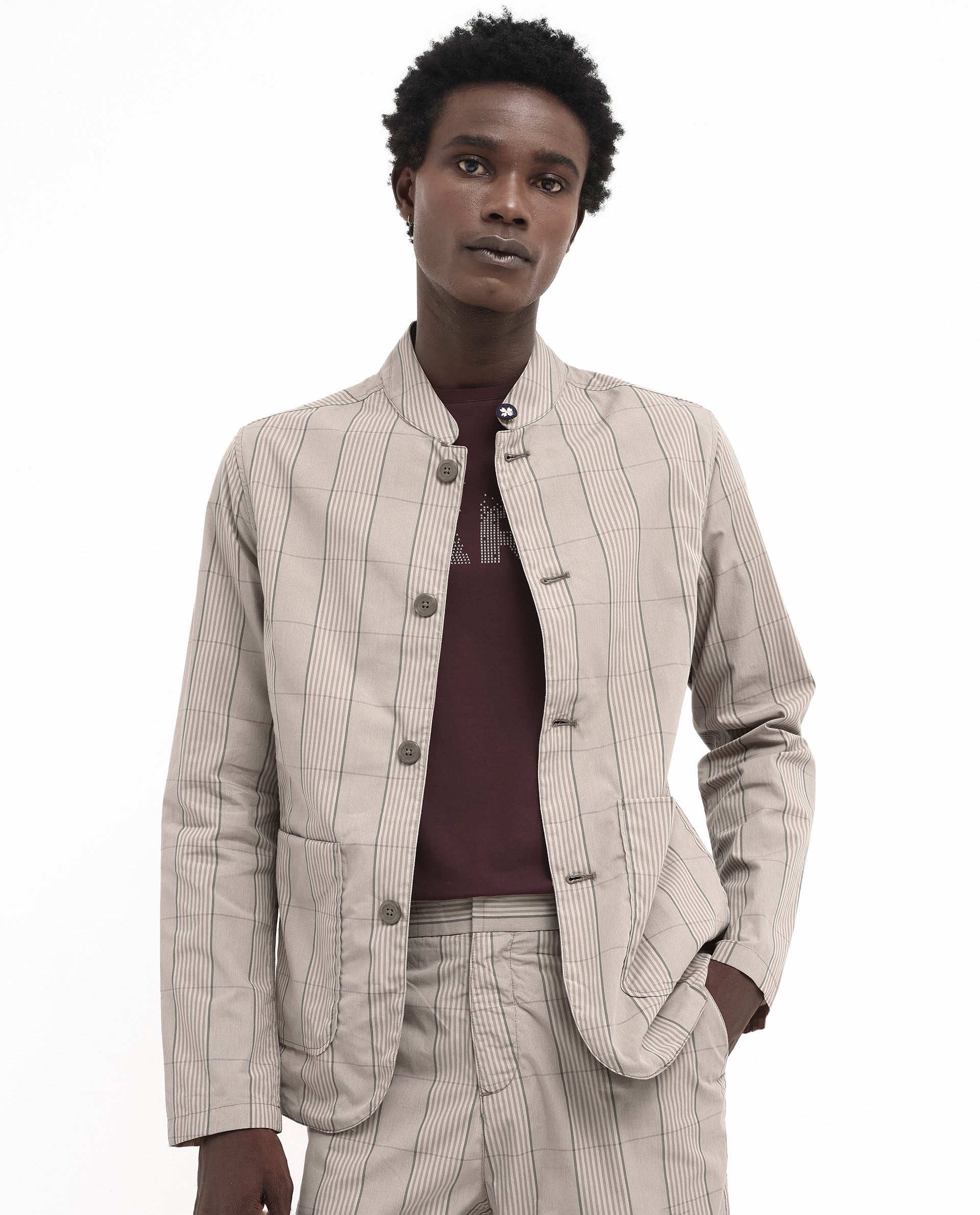 Rare Rabbit Mens Brez Brown Cotton Fabric Mandarin Collar Full Sleeve Relaxed Fit Checks Jacket