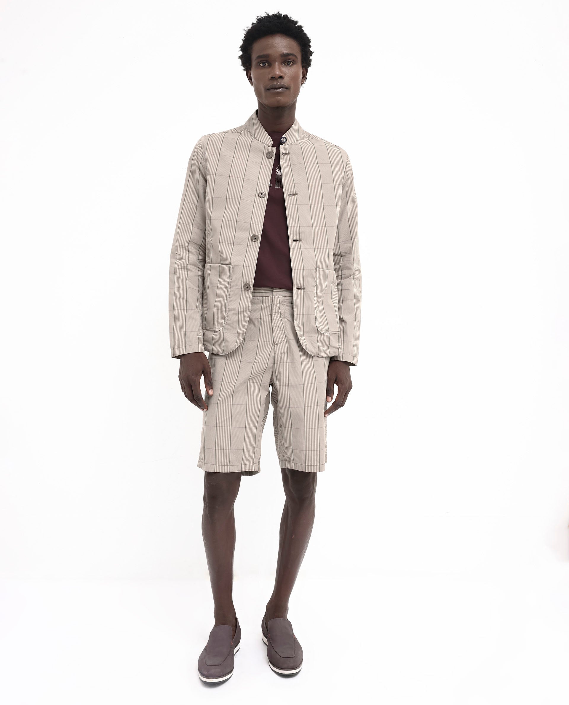 Rare Rabbit Mens Brez Brown Cotton Fabric Mandarin Collar Full Sleeve Relaxed Fit Checks Jacket