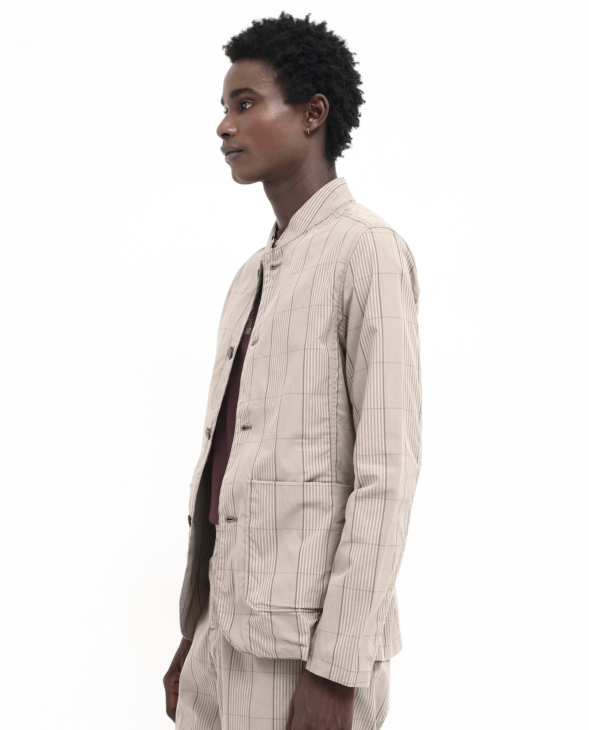 Rare Rabbit Mens Brez Brown Cotton Fabric Mandarin Collar Full Sleeve Relaxed Fit Checks Jacket