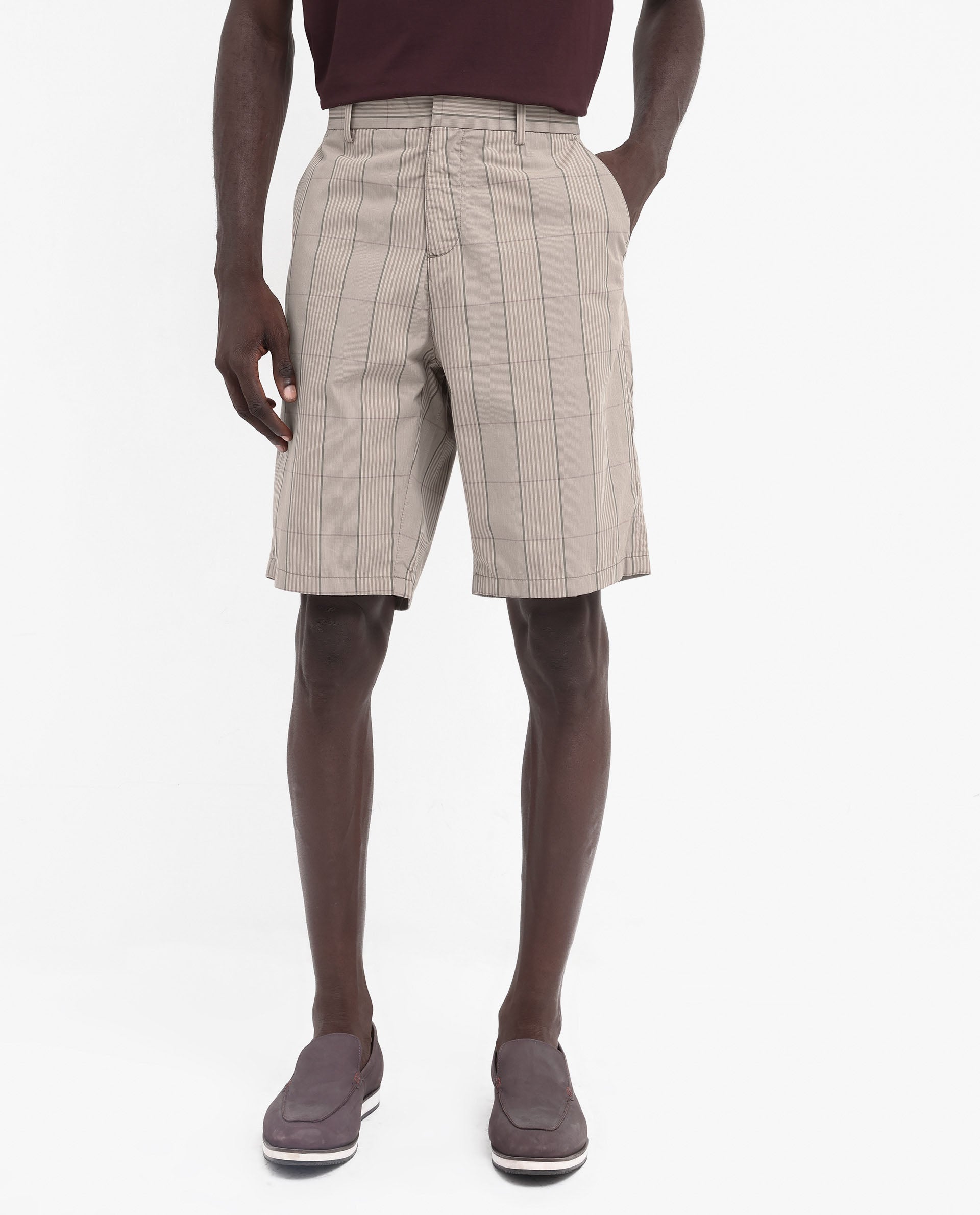 Rare Rabbit Men's Brezi Brown Cotton Fabric Knee Length Regular Fit Checks Shorts