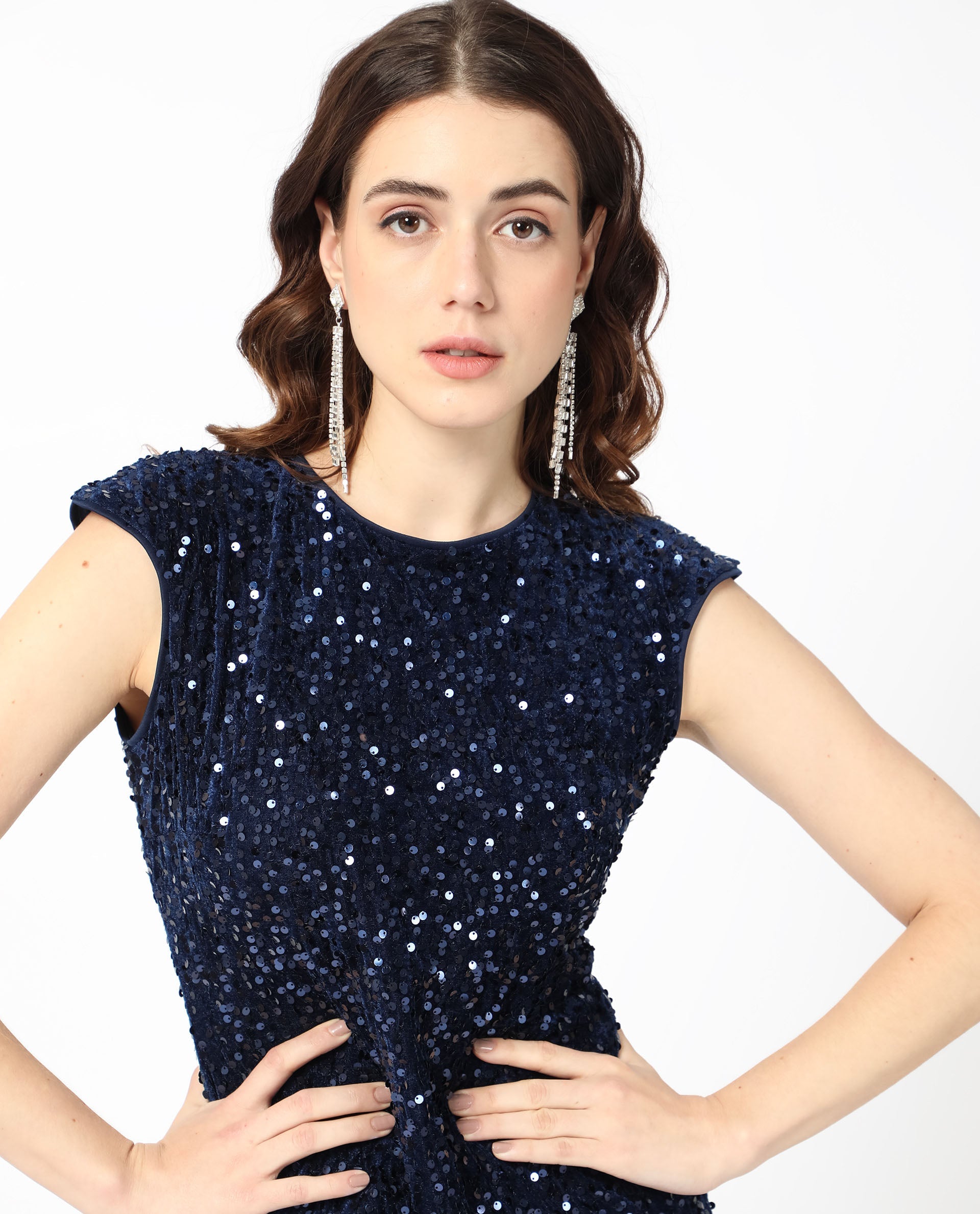 Rareism Women Briar Sheen Blue Round Neck Sleeveless Sequin Bodycon Party Mini Dress